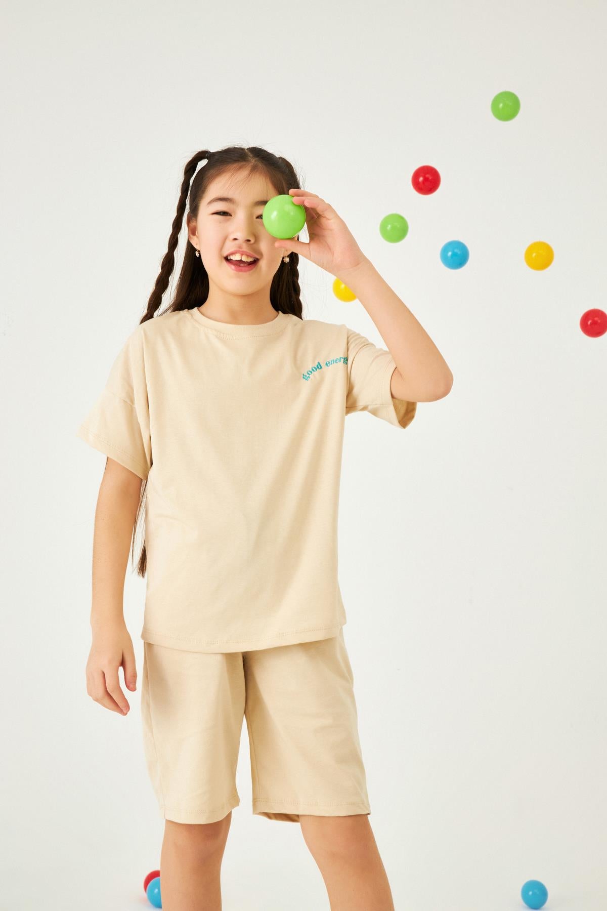 Bisiklet Yaka Düşük Omuz Basic Nakışlı Şortlu Unisex Çocuk İkili Takım Taş - Perendi