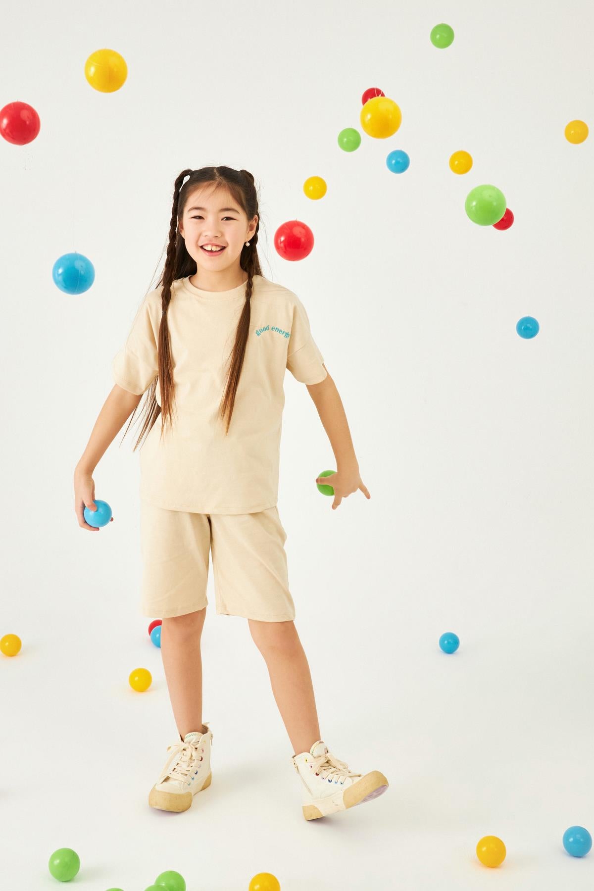 Bisiklet Yaka Düşük Omuz Basic Nakışlı Şortlu Unisex Çocuk İkili Takım Taş - Perendi
