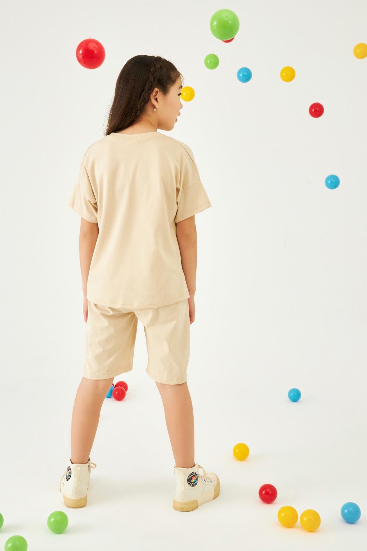 Bisiklet Yaka Düşük Omuz Basic Nakışlı Şortlu Unisex Çocuk İkili Takım Taş - Perendi