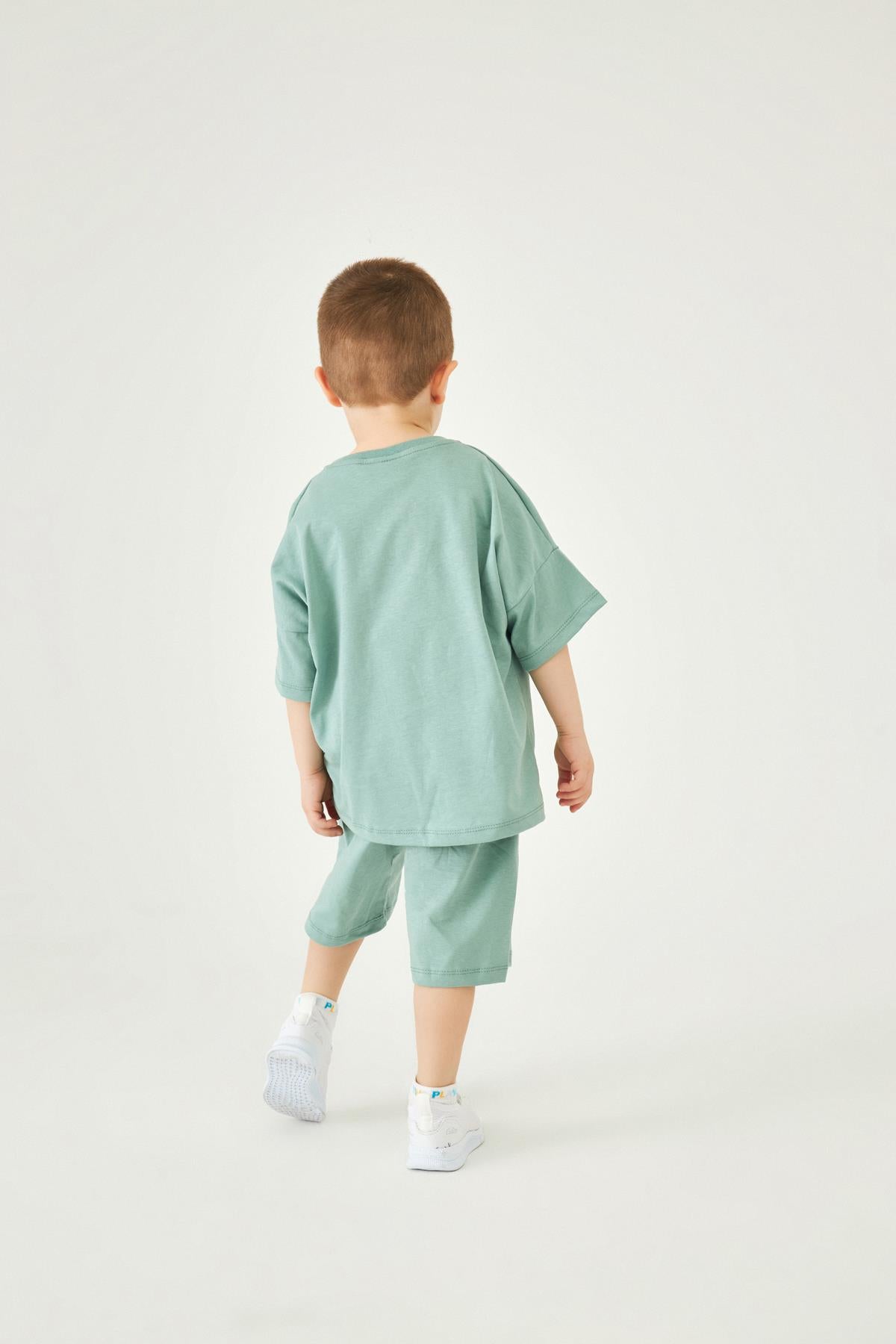 Bisiklet Yaka Düşük Omuz Basic Nakışlı Şortlu Unisex Çocuk İkili Takım Yeşil - Perendi
