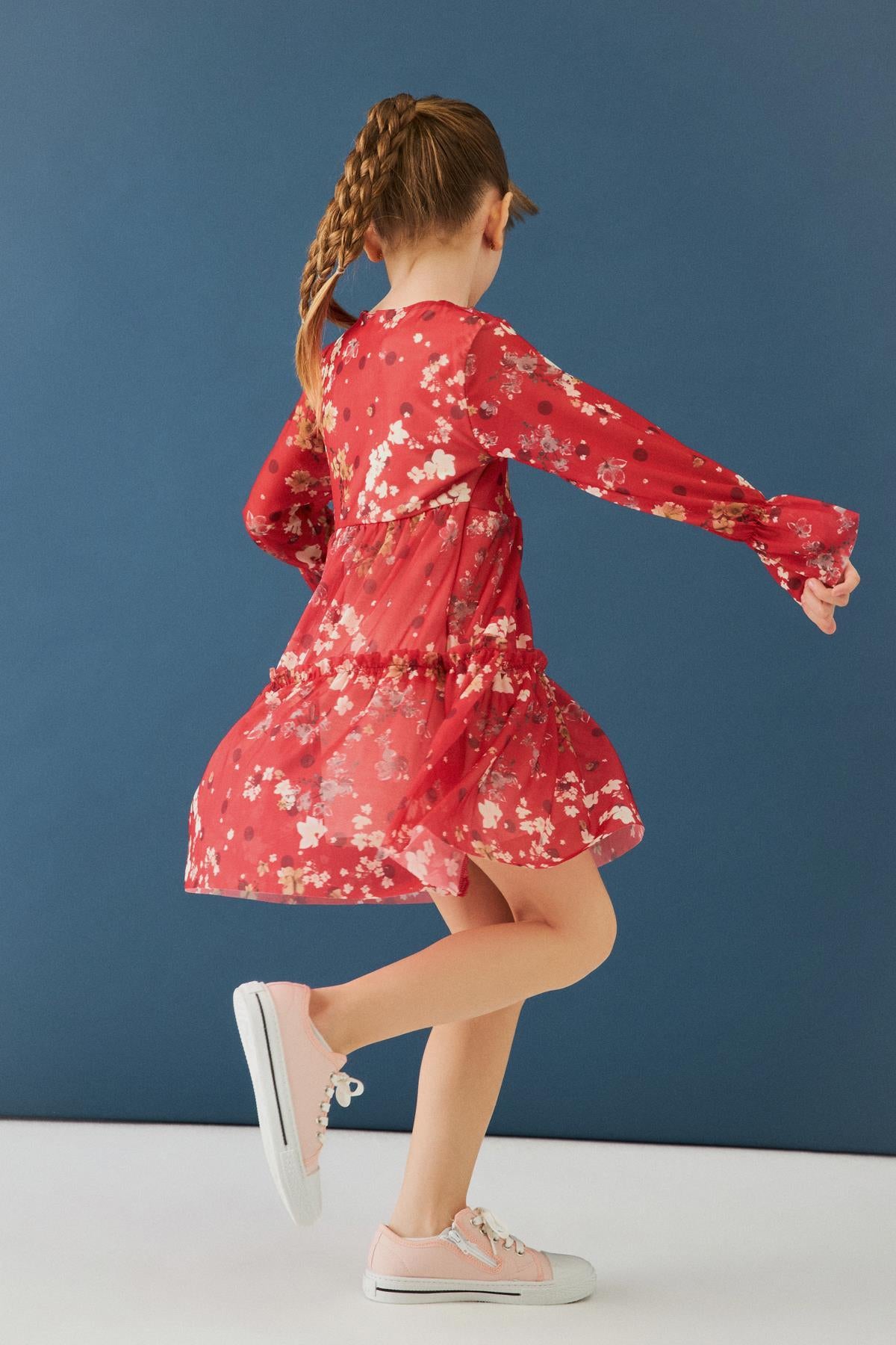 Bisiklet Yaka Uzun Kollu Çiçek Desenli Şifon Kız Çocuk Elbise