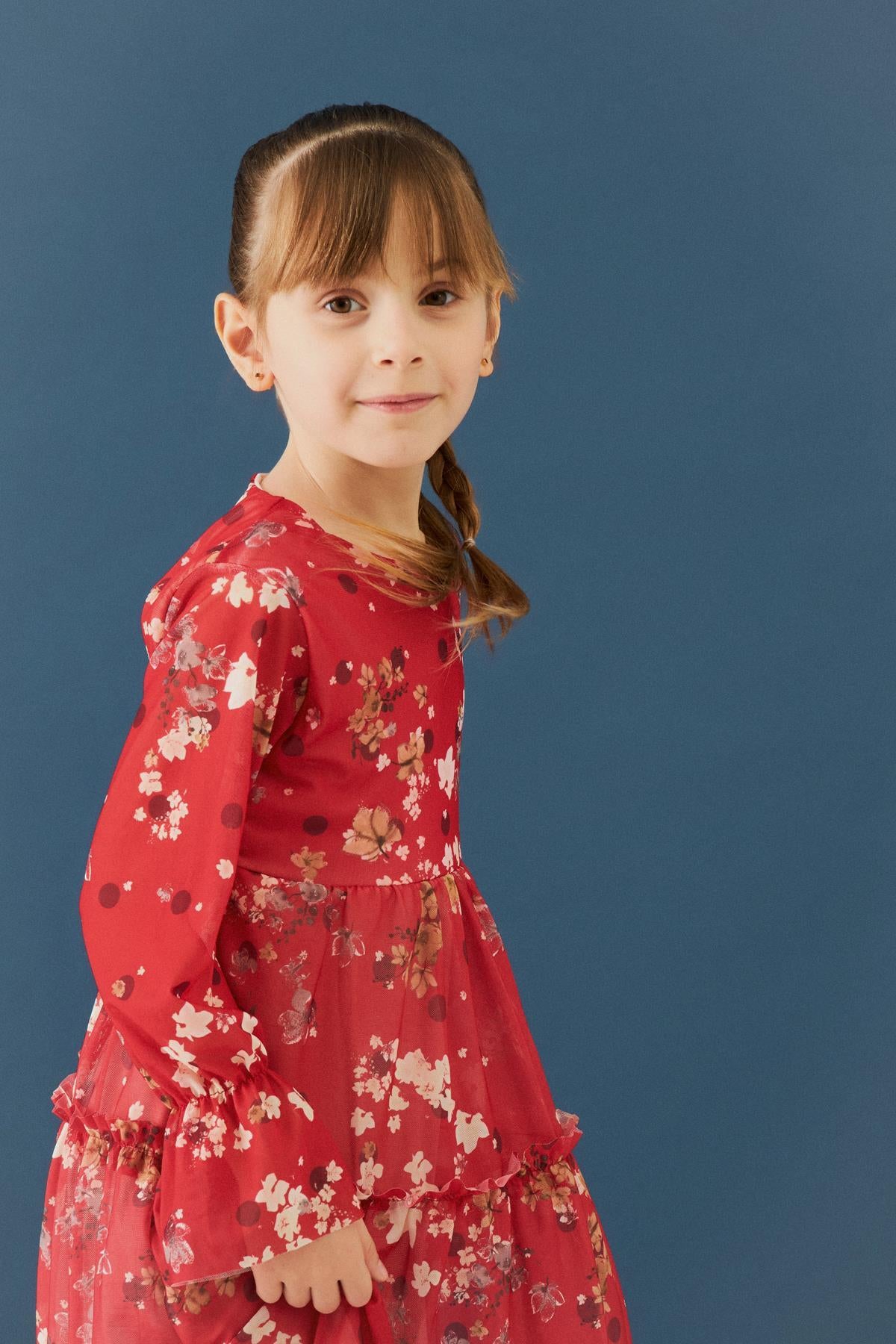 Bisiklet Yaka Uzun Kollu Çiçek Desenli Şifon Kız Çocuk Elbise