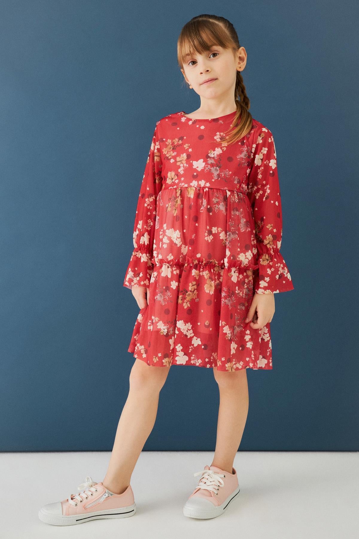 Bisiklet Yaka Uzun Kollu Çiçek Desenli Şifon Kız Çocuk Elbise