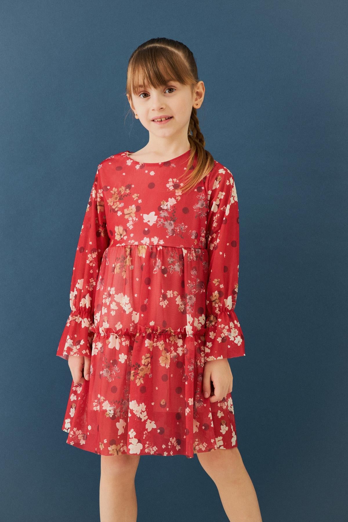 Bisiklet Yaka Uzun Kollu Çiçek Desenli Şifon Kız Çocuk Elbise