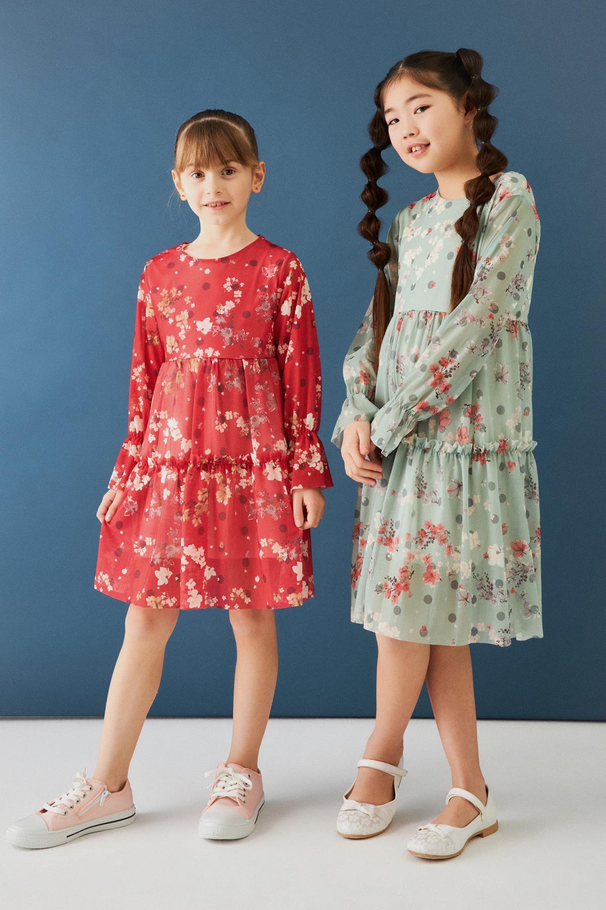 Bisiklet Yaka Uzun Kollu Çiçek Desenli Şifon Kız Çocuk Elbise