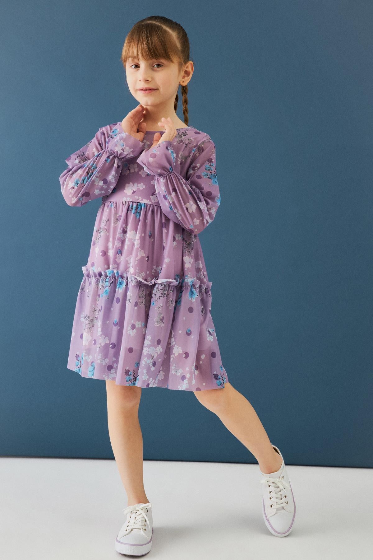 Bisiklet Yaka Uzun Kollu Çiçek Desenli Şifon Kız Çocuk Elbise