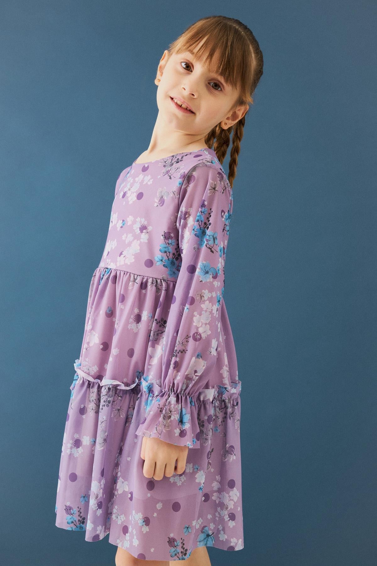 Bisiklet Yaka Uzun Kollu Çiçek Desenli Şifon Kız Çocuk Elbise