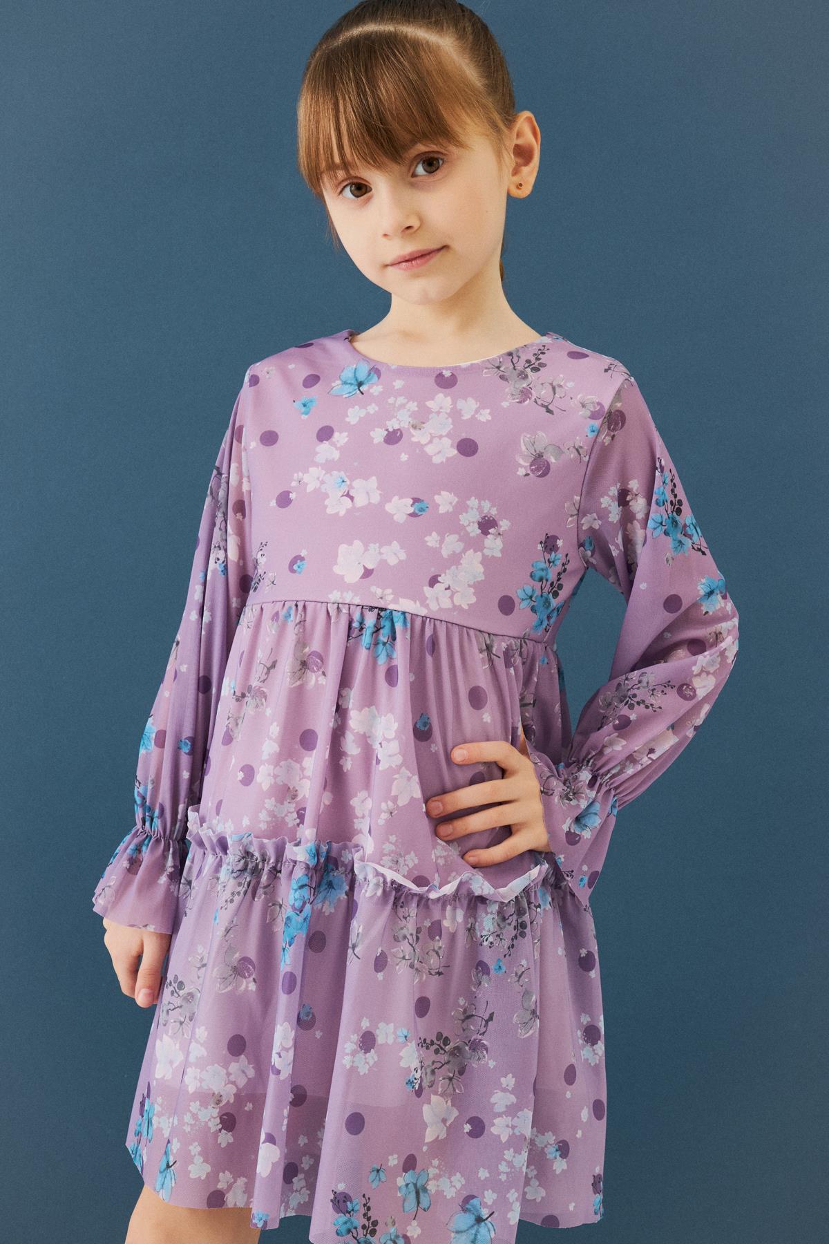 Bisiklet Yaka Uzun Kollu Çiçek Desenli Şifon Kız Çocuk Elbise