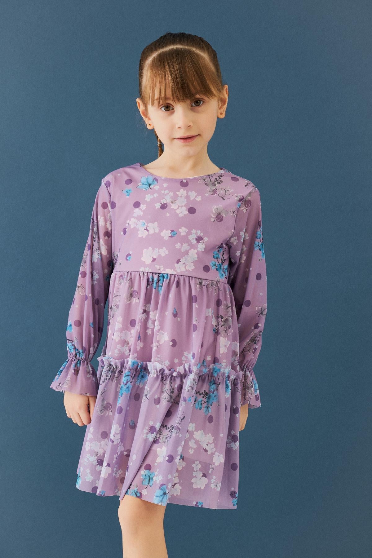 Bisiklet Yaka Uzun Kollu Çiçek Desenli Şifon Kız Çocuk Elbise
