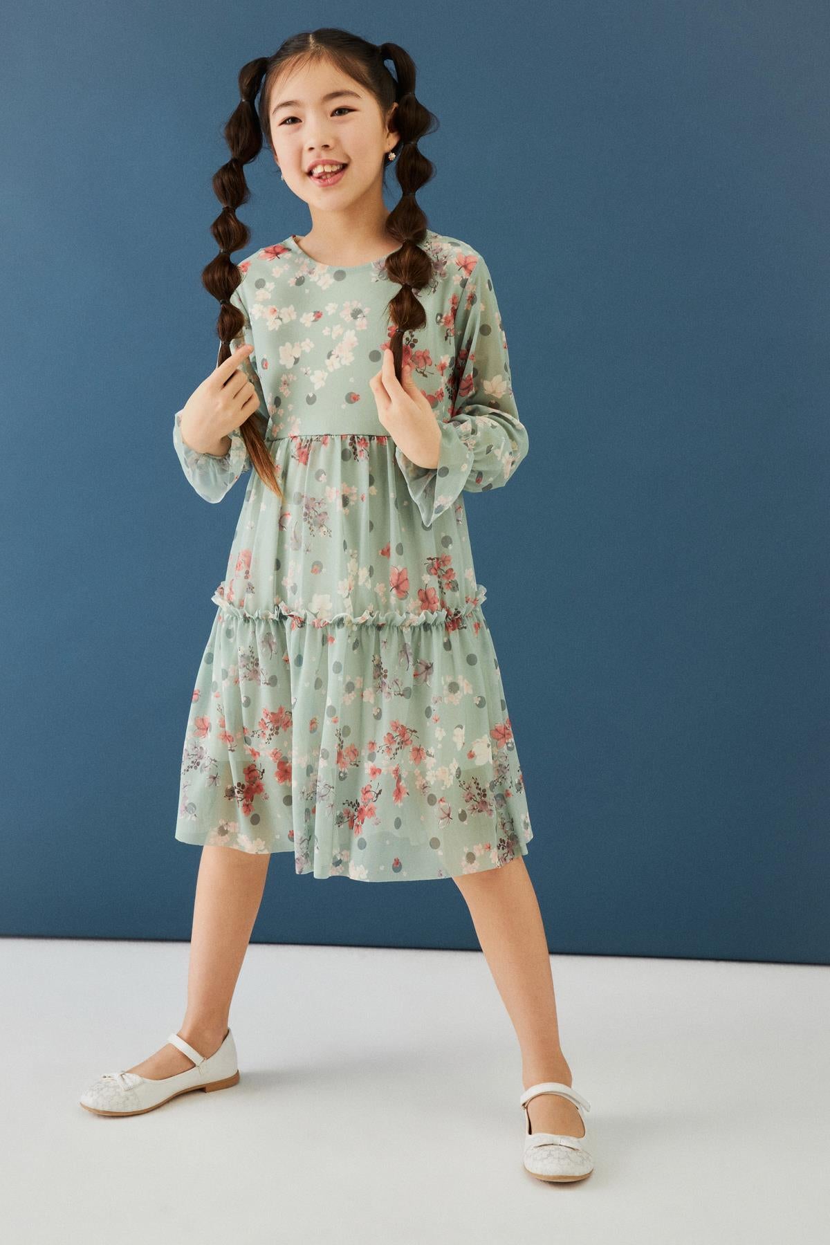 Bisiklet Yaka Uzun Kollu Çiçek Desenli Şifon Kız Çocuk Elbise