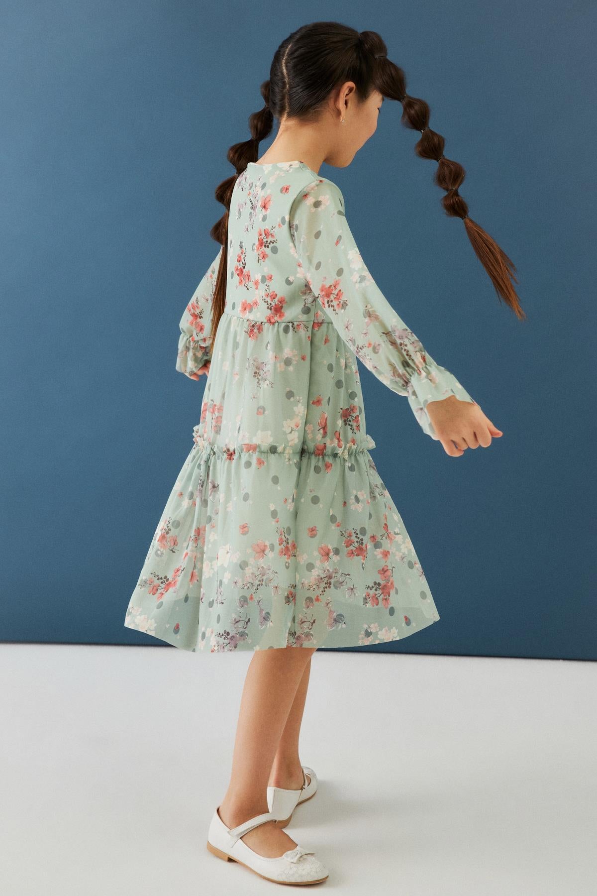 Bisiklet Yaka Uzun Kollu Çiçek Desenli Şifon Kız Çocuk Elbise