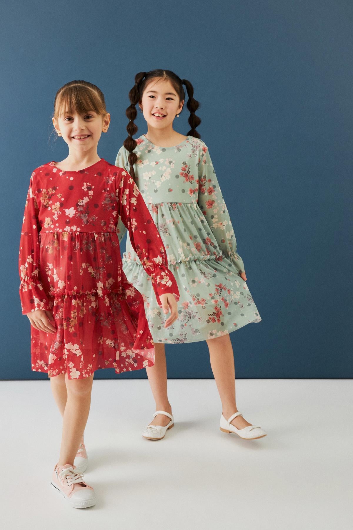 Bisiklet Yaka Uzun Kollu Çiçek Desenli Şifon Kız Çocuk Elbise