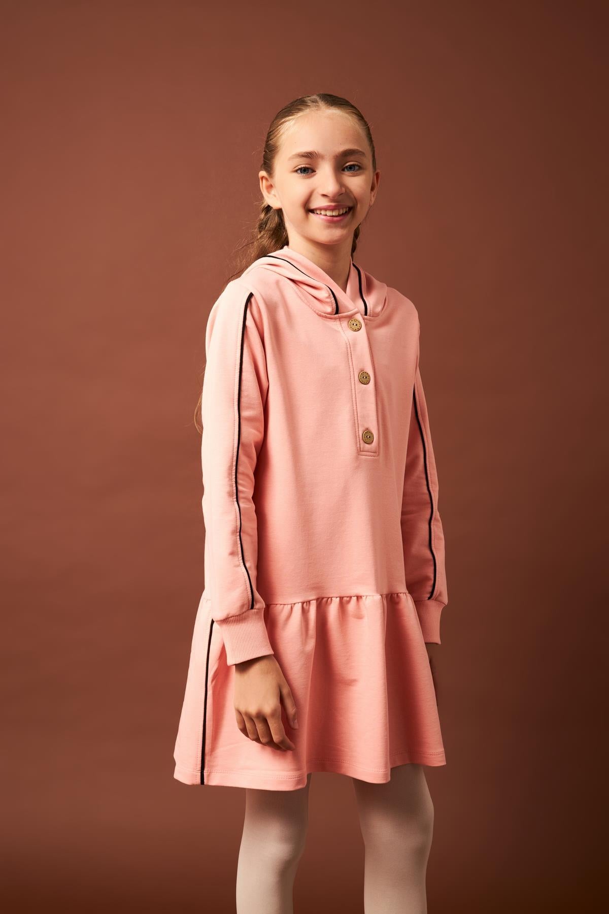 Biye Detaylı Kapüşonlu Kız Çocuk Elbise