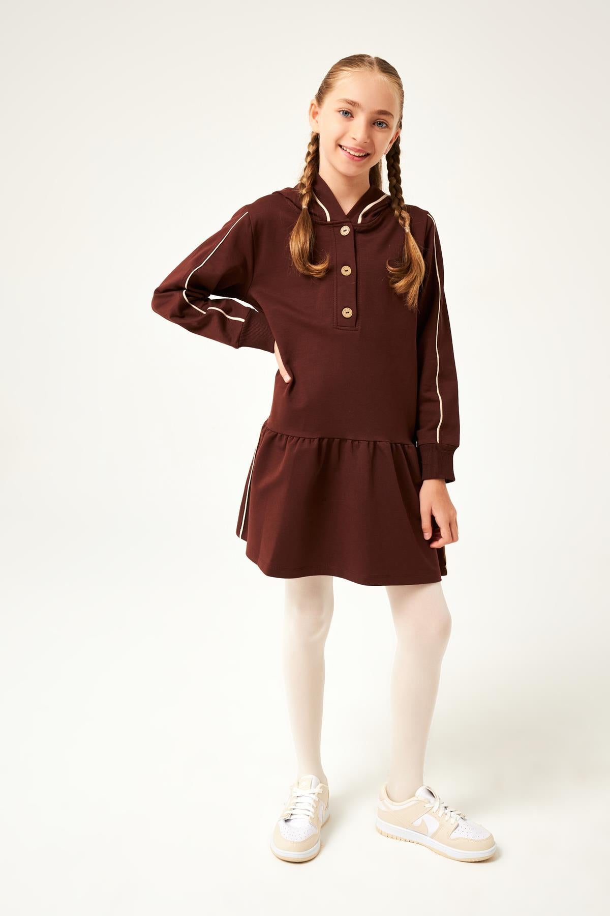 Biye Detaylı Kapüşonlu Kız Çocuk Elbise