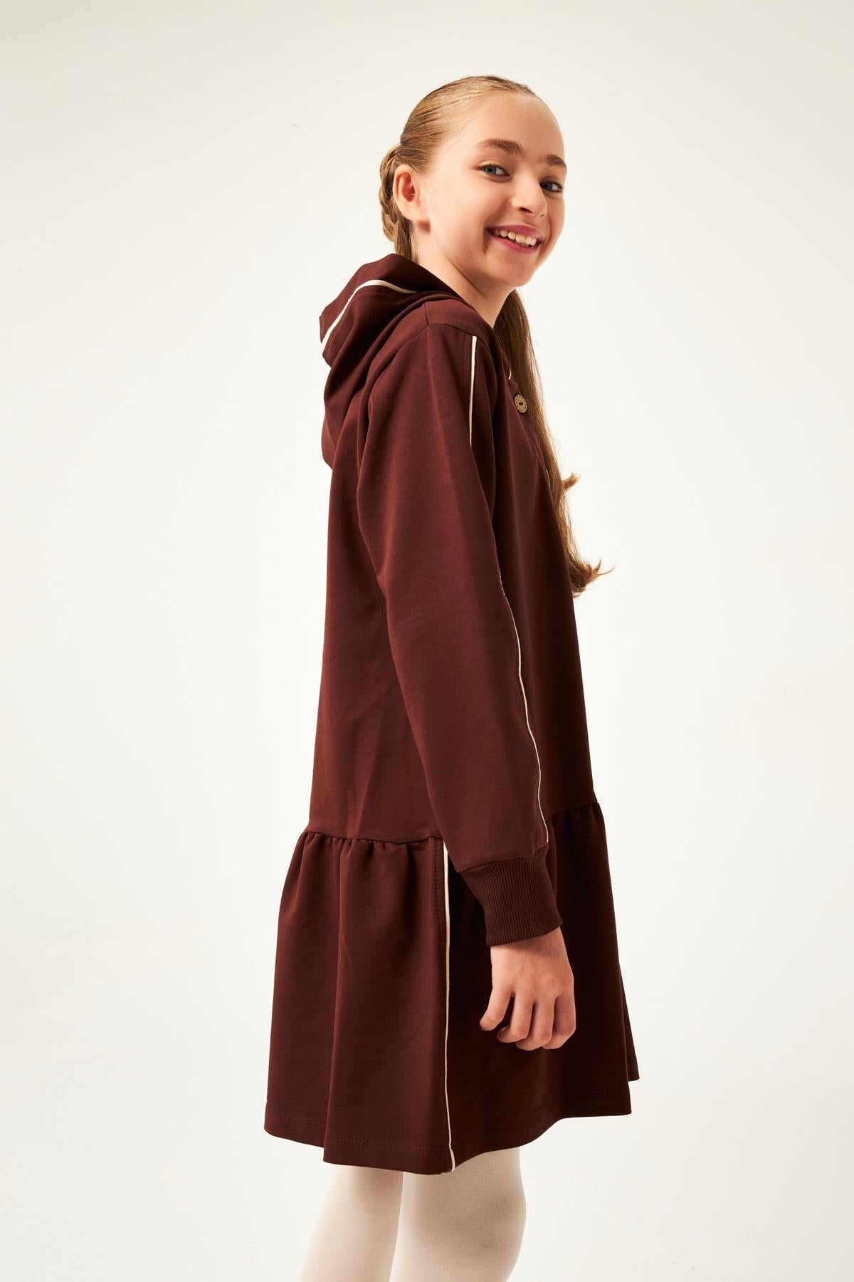 Biye Detaylı Kapüşonlu Kız Çocuk Elbise