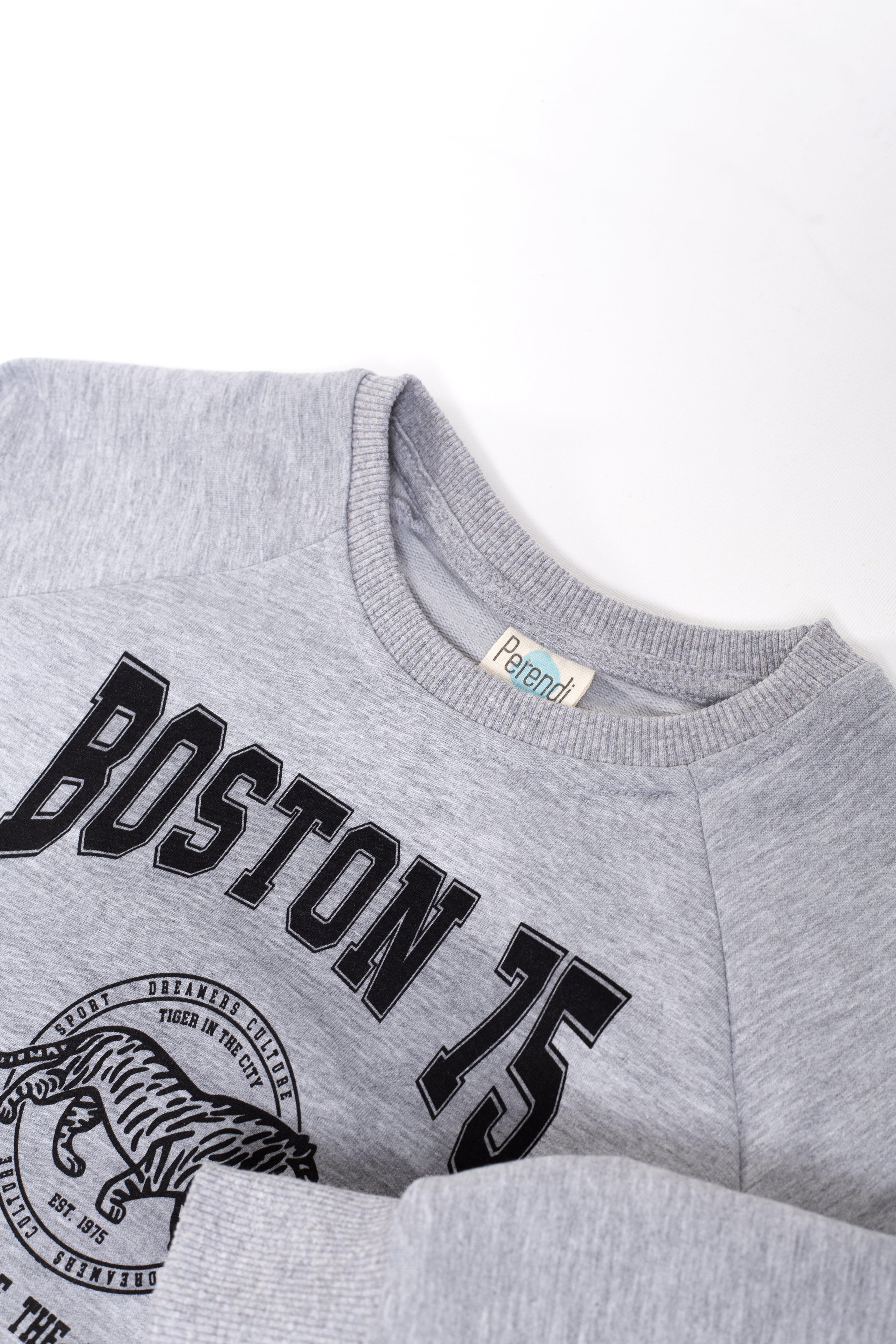 Boston Baskılı Erkek Çocuk Sweatshirt Gri Melanj - Perendi
