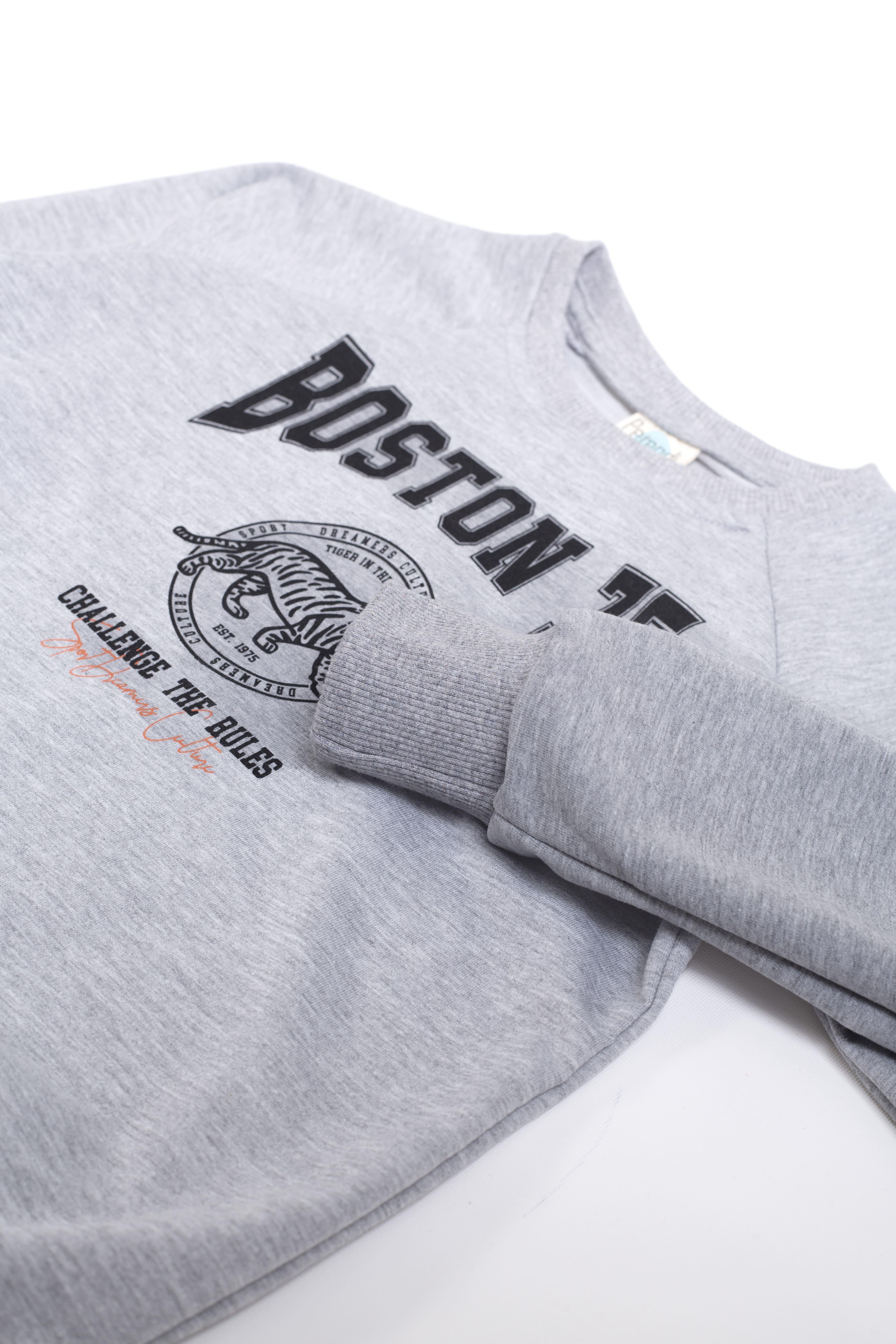 Boston Baskılı Erkek Çocuk Sweatshirt Gri Melanj - Perendi