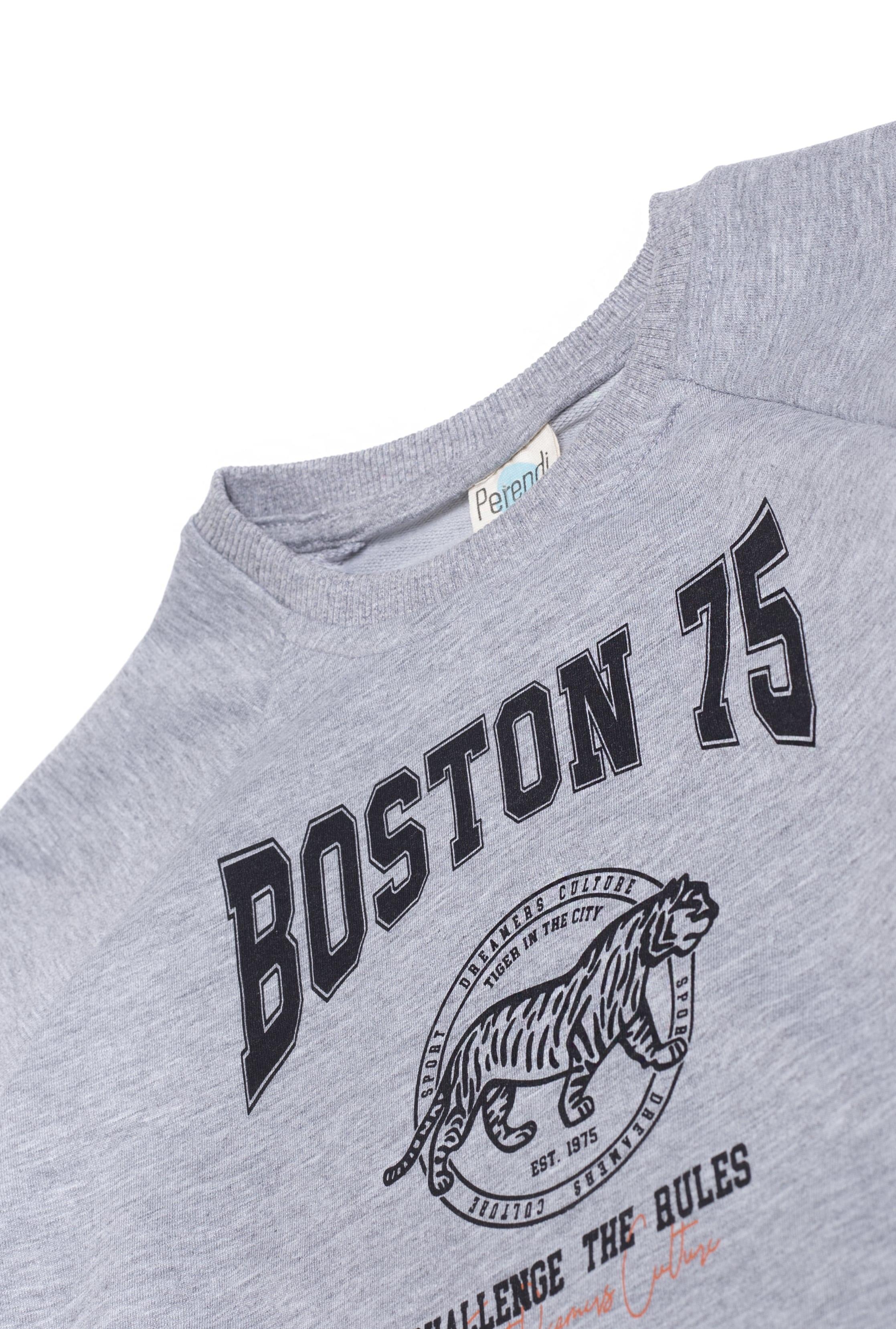 Boston Baskılı Erkek Çocuk Sweatshirt Gri Melanj - Perendi