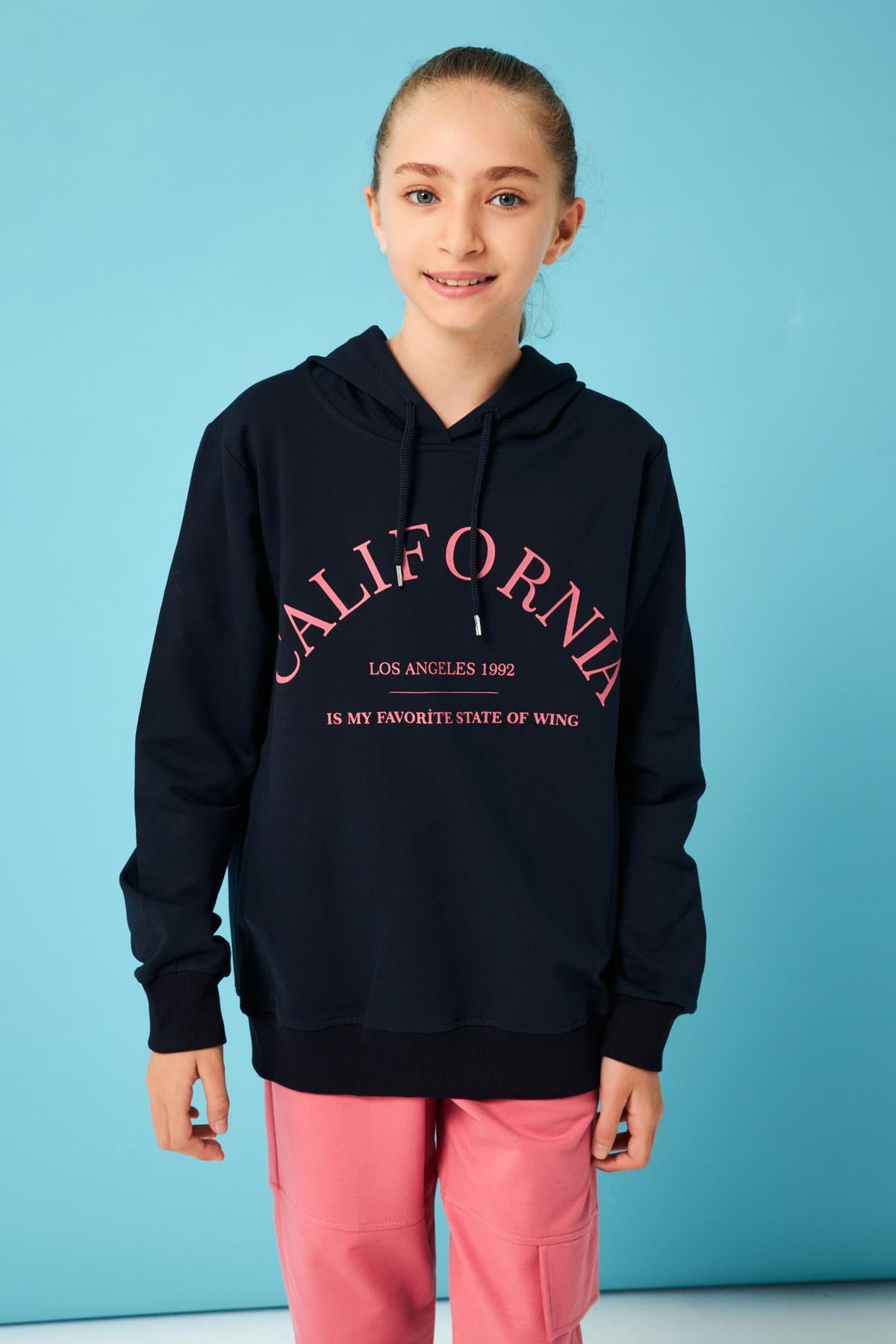 California Baskı Detaylı Kapüşonlu Kız Çocuk Sweatshirt