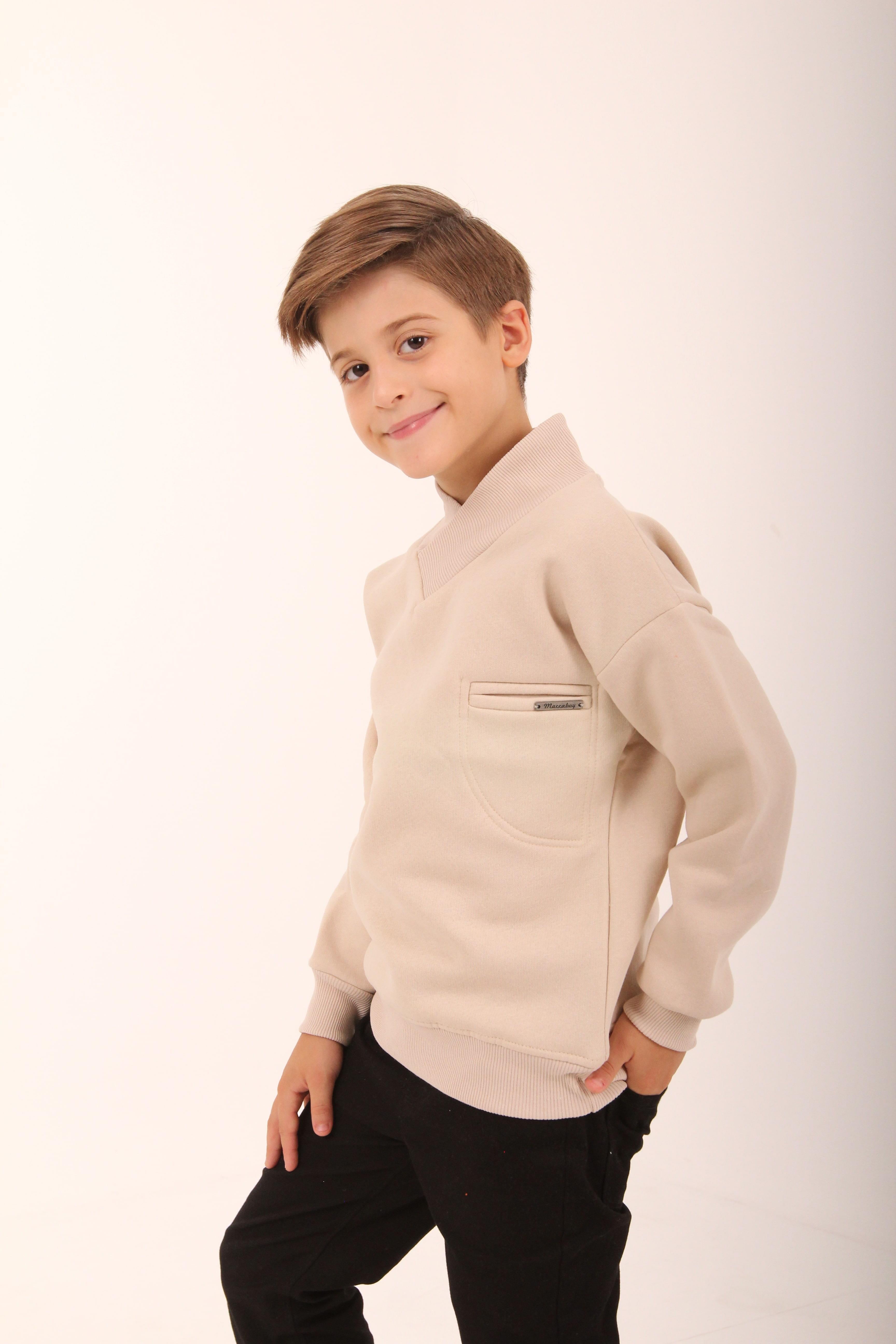 Cep Detaylı İçi Polarlı Erkek Çocuk Sweatshirt