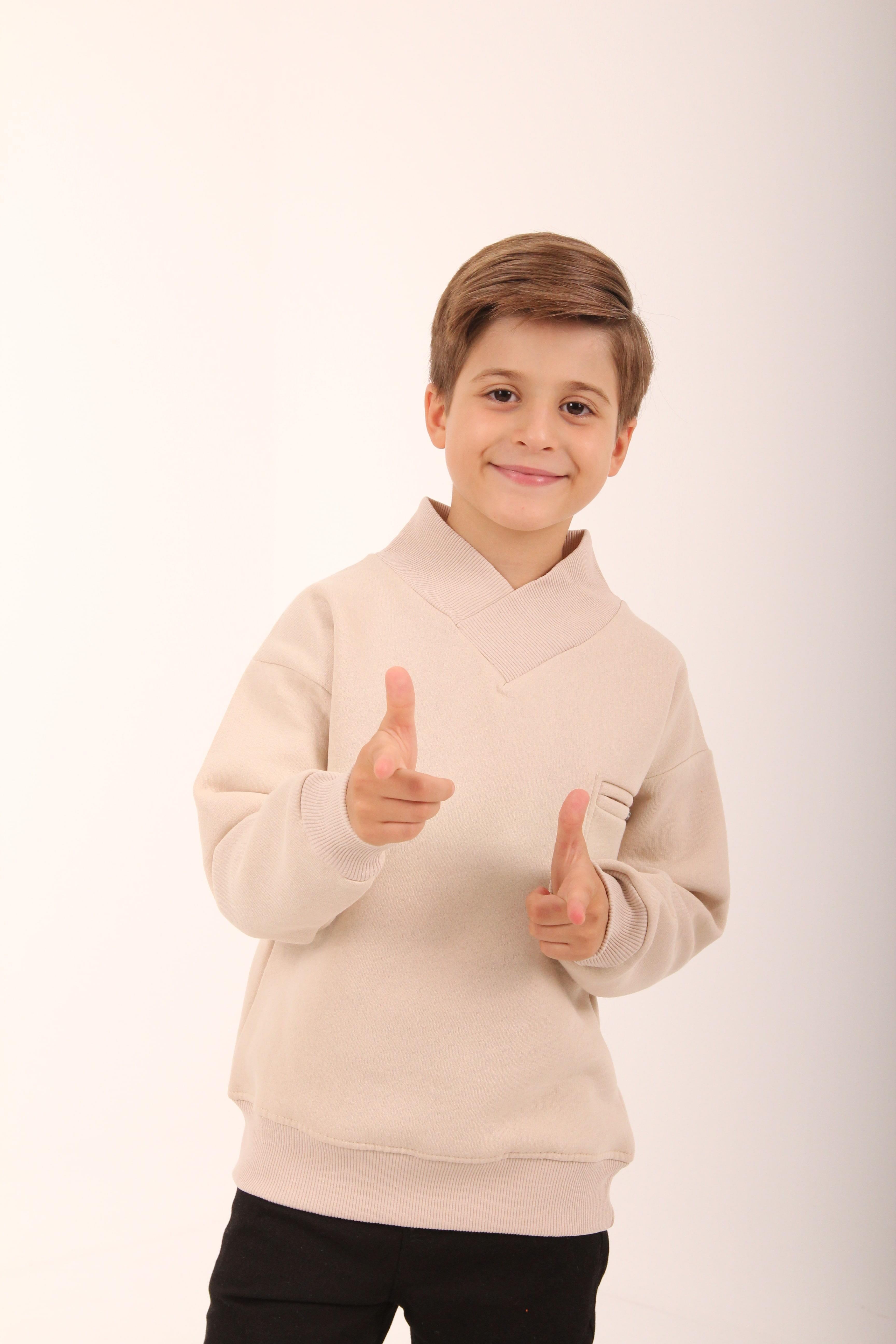 Cep Detaylı İçi Polarlı Erkek Çocuk Sweatshirt Taş - Perendi