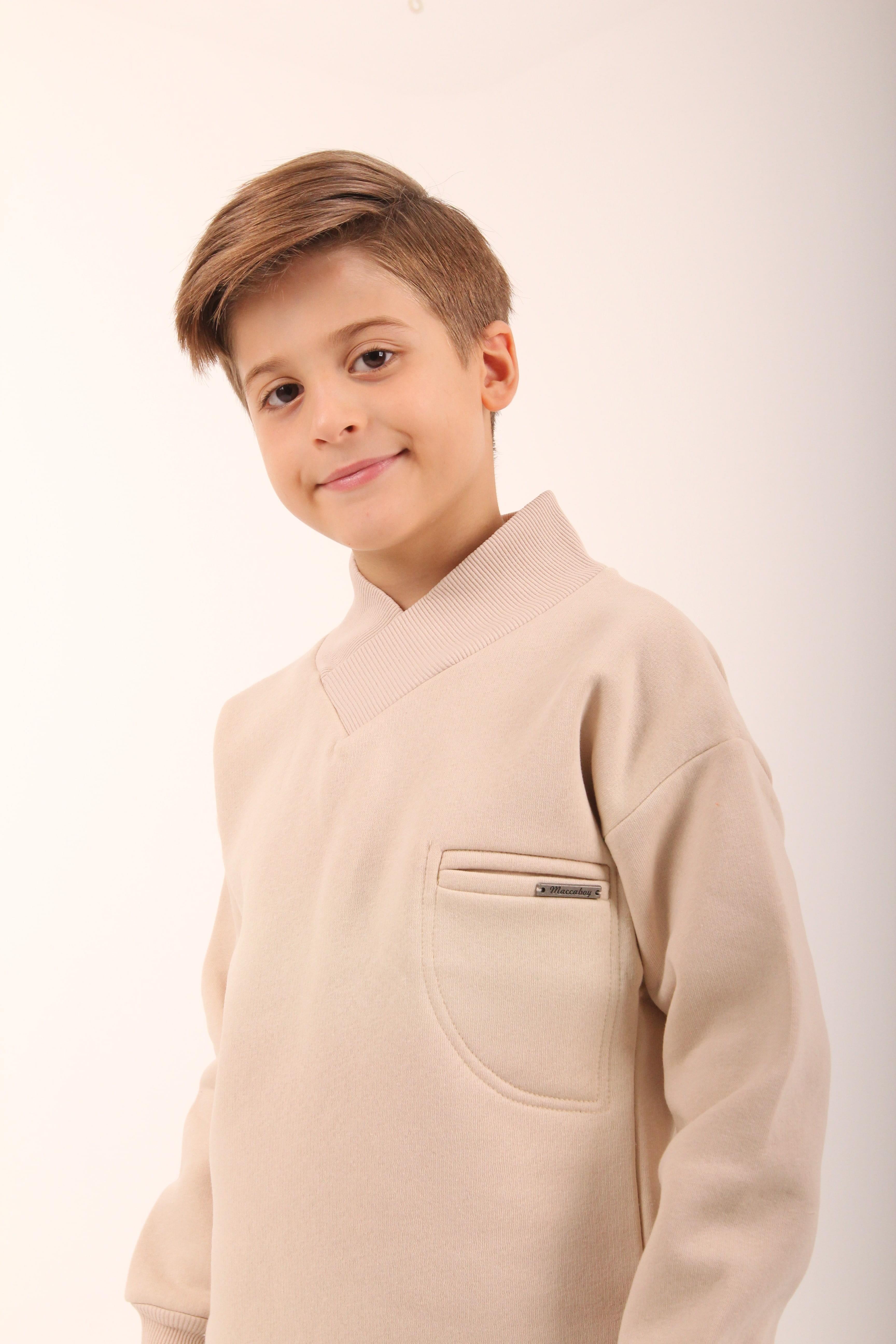 Cep Detaylı İçi Polarlı Erkek Çocuk Sweatshirt Taş - Perendi