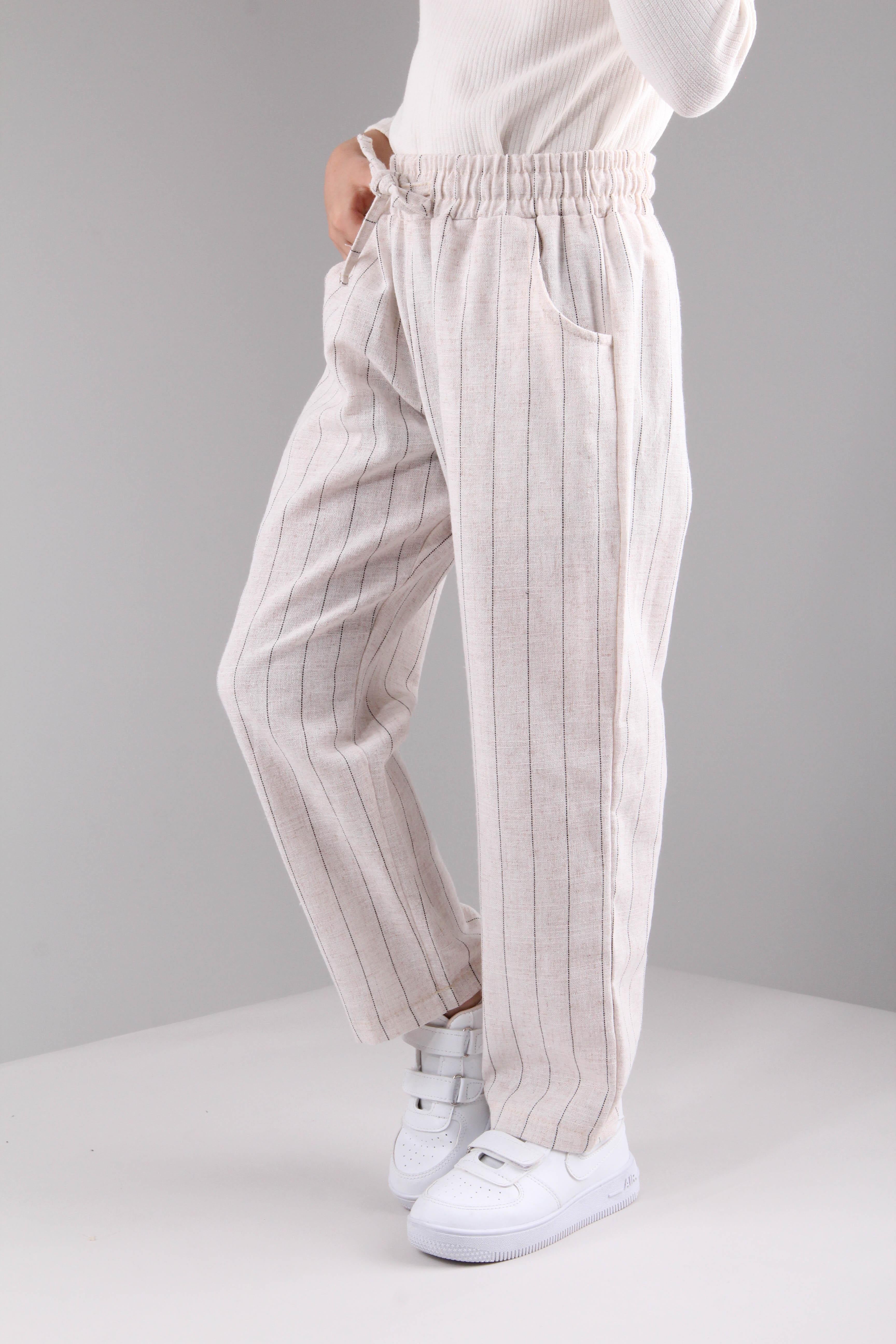 Cepli Kız ve Erkek Çocuk Keten Çizgili Pantolon