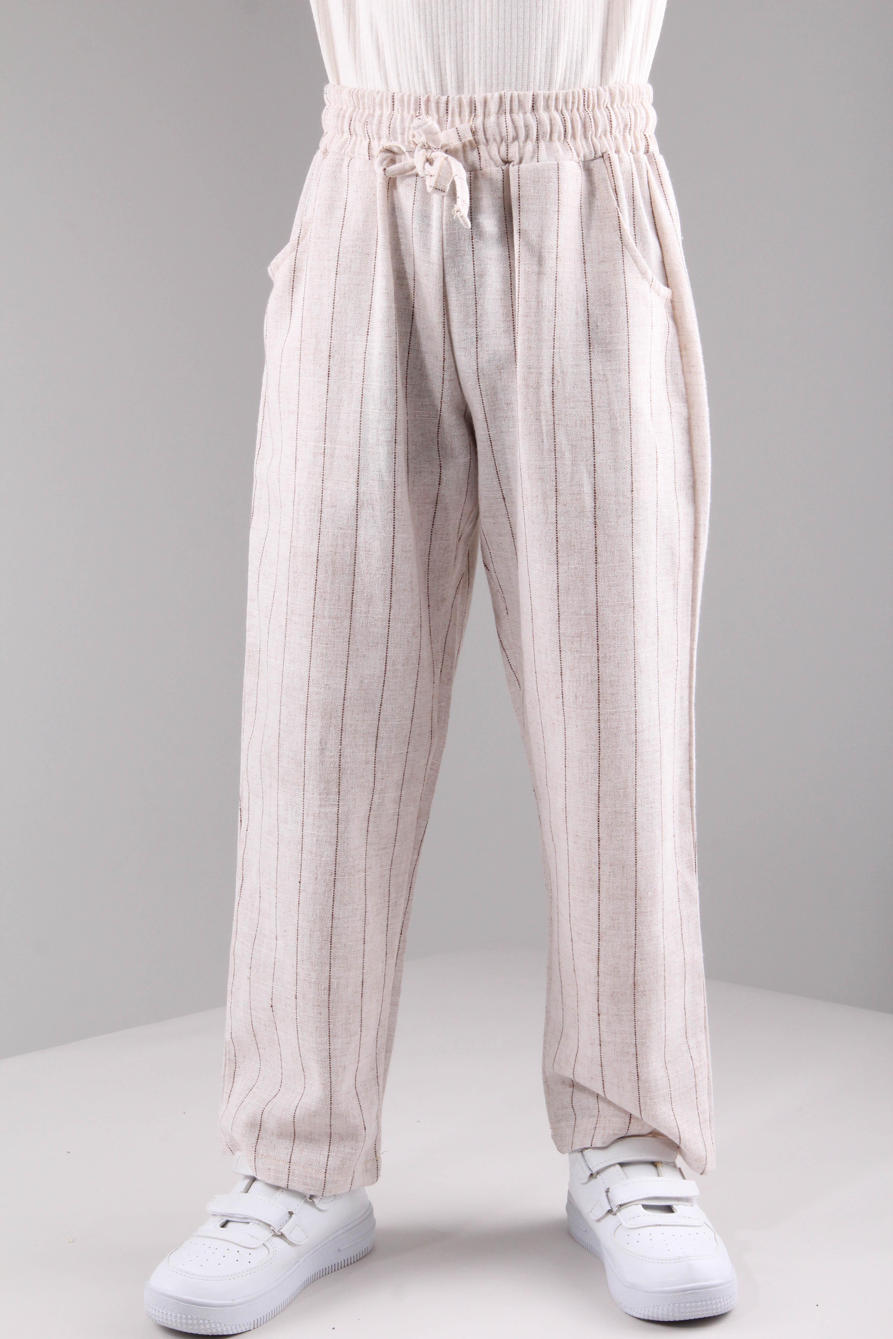 Cepli Kız ve Erkek Çocuk Keten Çizgili Pantolon