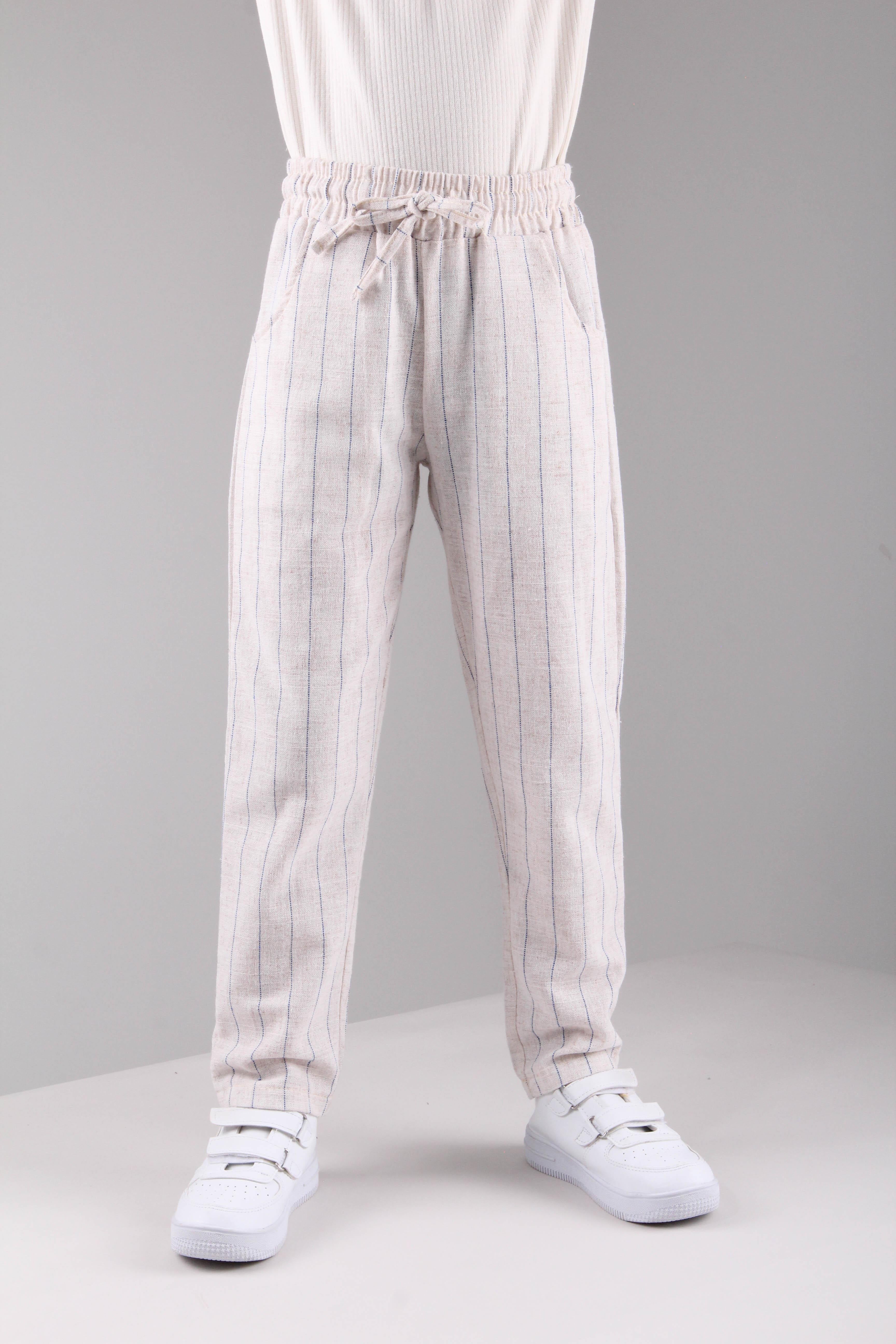 Cepli Kız ve Erkek Çocuk Keten Çizgili Pantolon