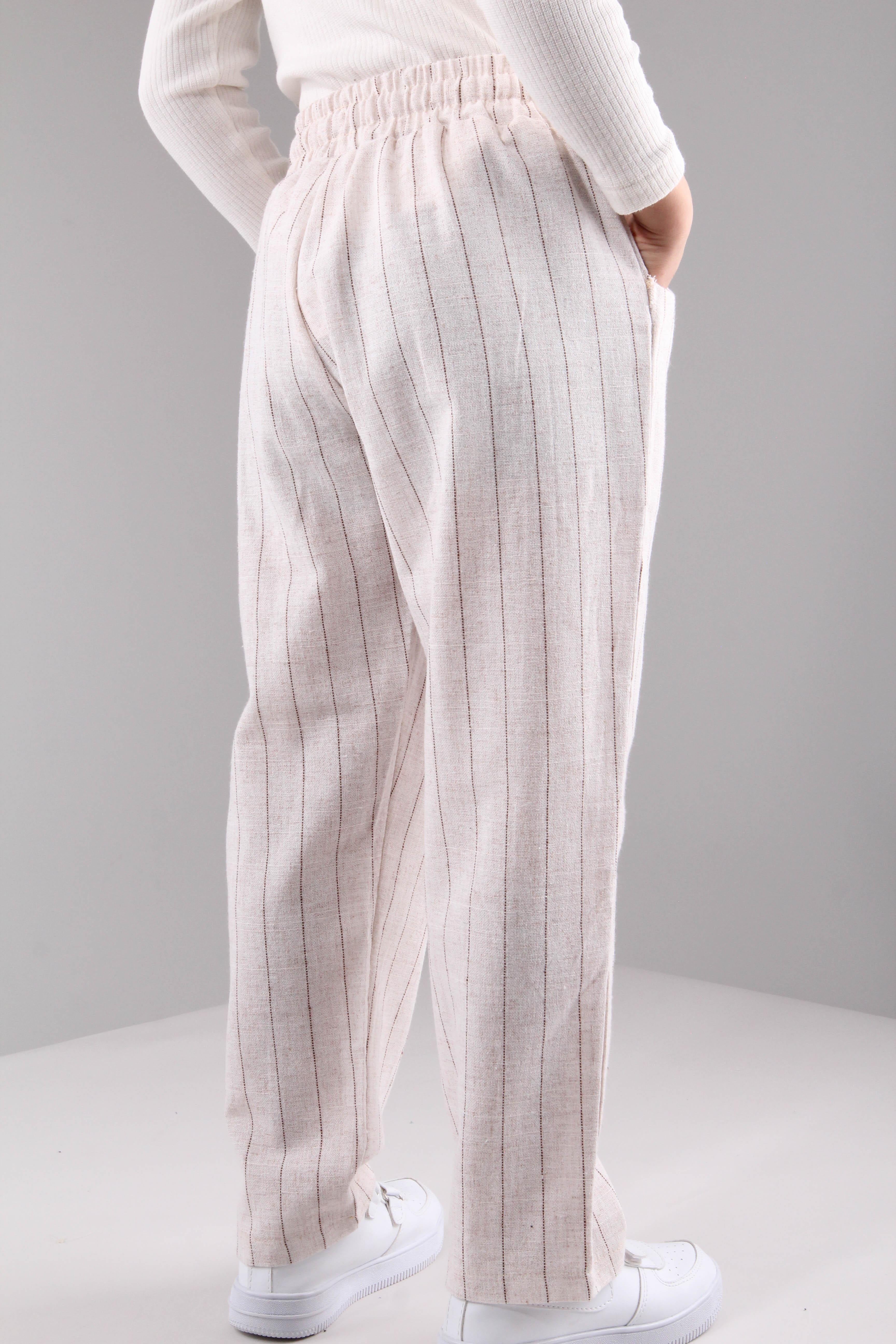 Cepli Kız ve Erkek Çocuk Keten Pantolon Kahverengi Çizgili - Perendi