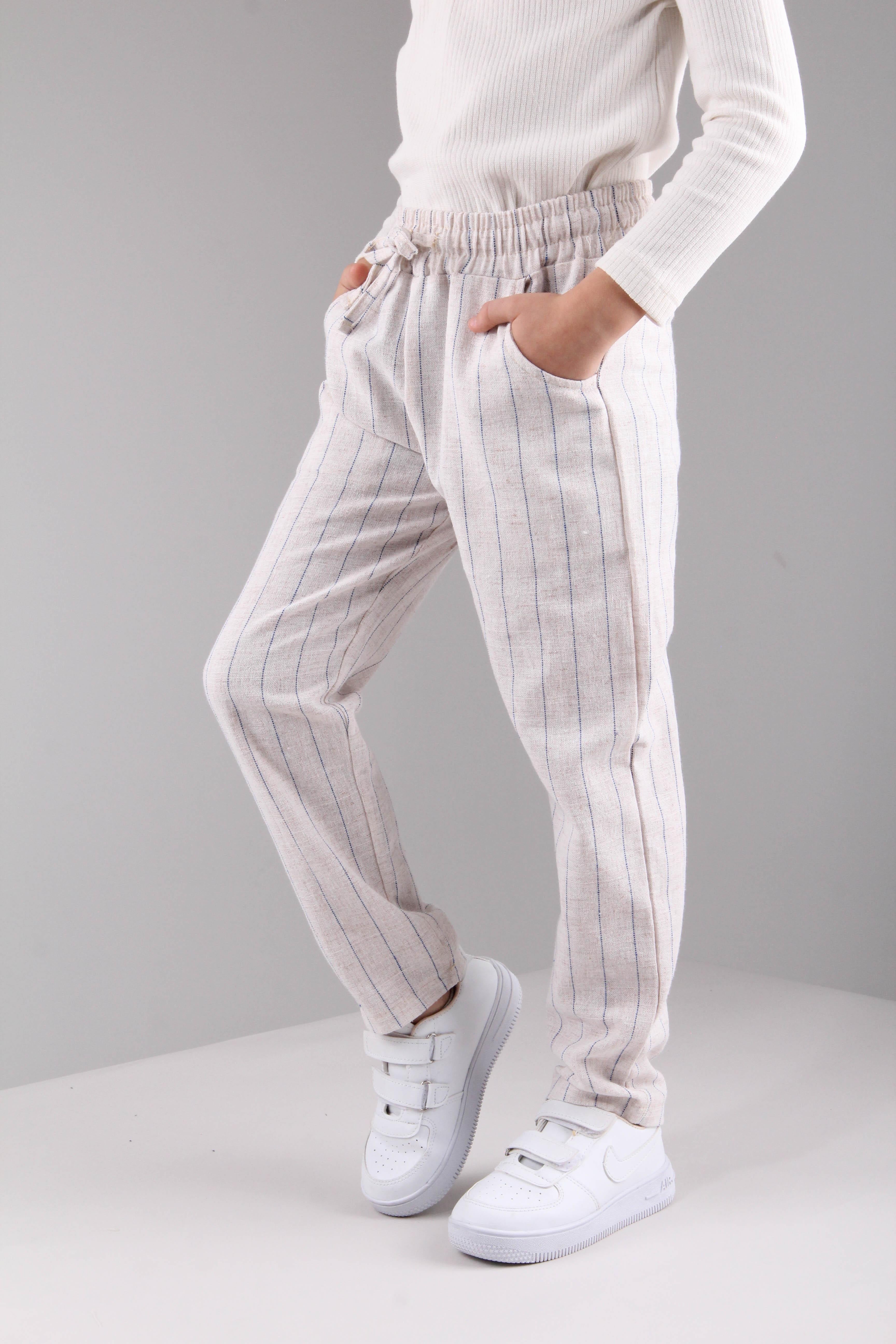 Cepli Kız ve Erkek Çocuk Keten Pantolon Mavi Çizgili - Perendi