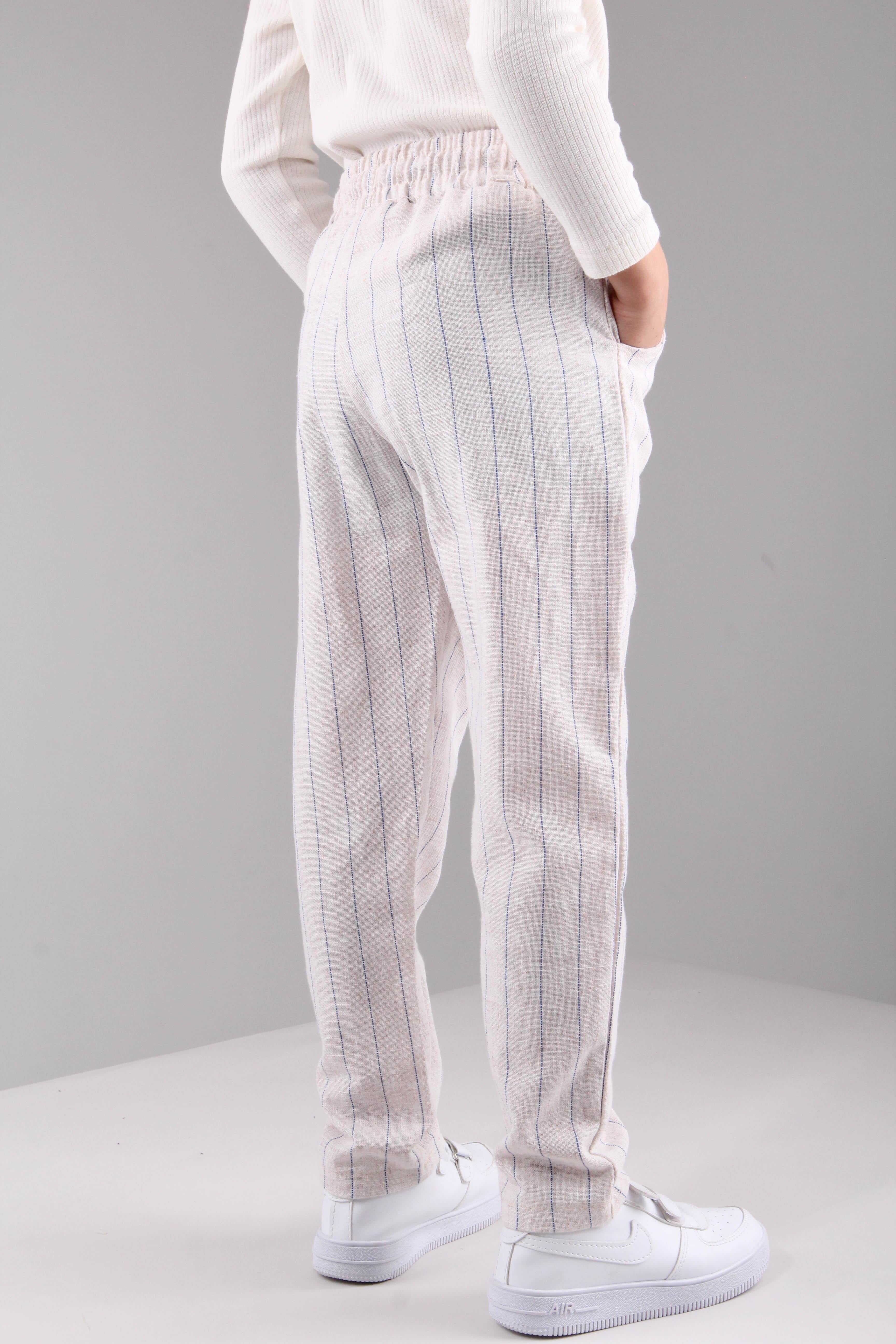 Cepli Kız ve Erkek Çocuk Keten Pantolon Mavi Çizgili - Perendi