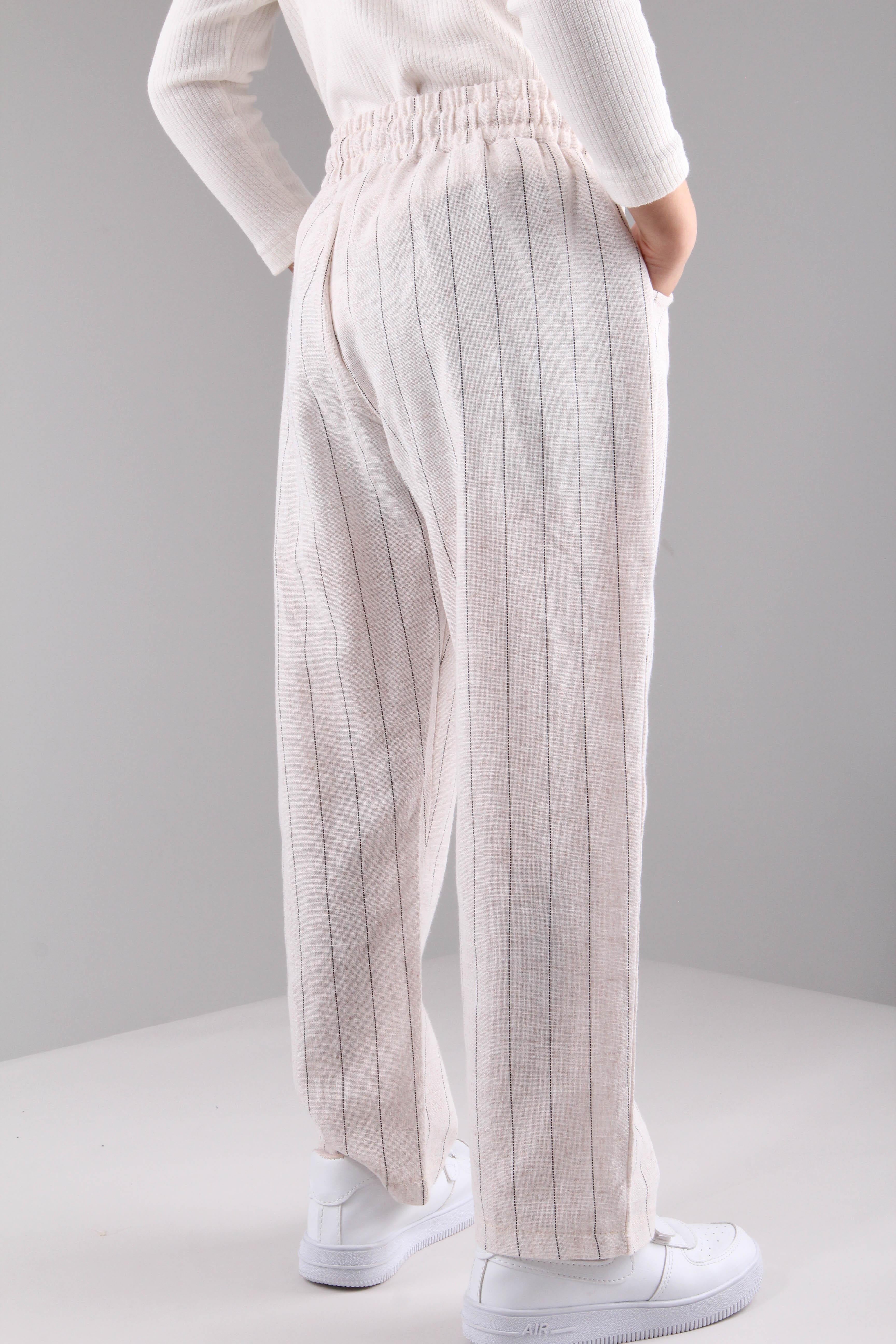 Cepli Kız ve Erkek Çocuk Keten Pantolon Siyah Çizgili - Perendi