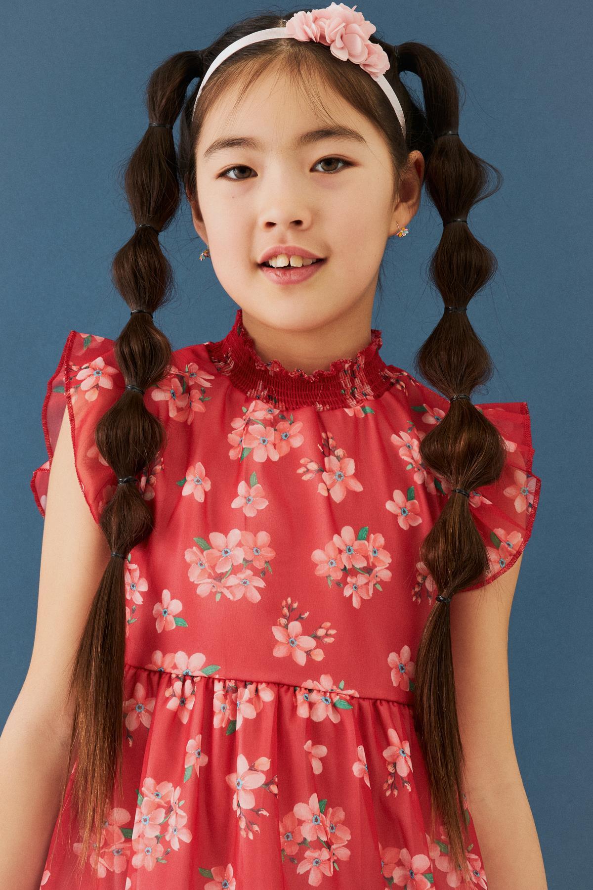 Çiçek Desenli Gipe Yakalı Şifon Kız Çocuk Elbise