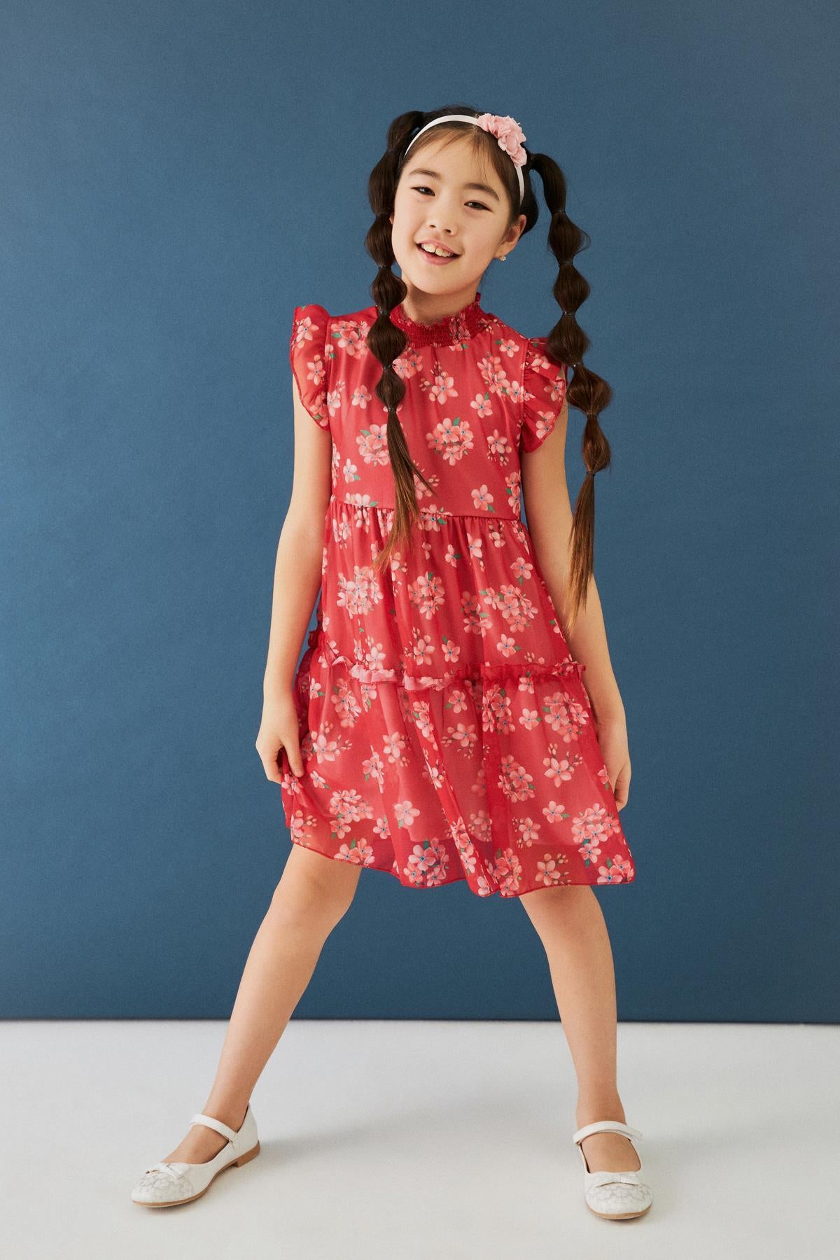 Çiçek Desenli Gipe Yakalı Şifon Kız Çocuk Elbise