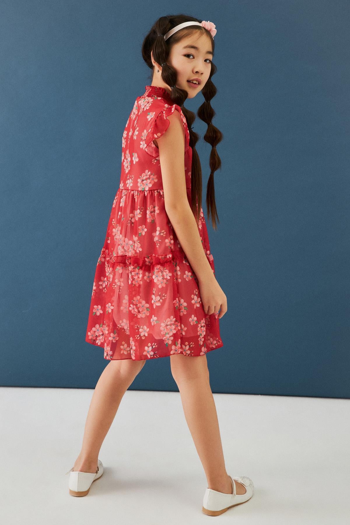 Çiçek Desenli Gipe Yakalı Şifon Kız Çocuk Elbise