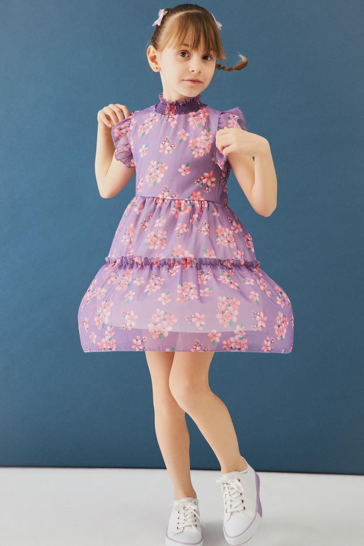 Çiçek Desenli Gipe Yakalı Şifon Kız Çocuk Elbise