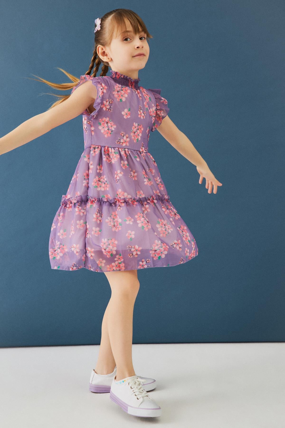 Çiçek Desenli Gipe Yakalı Şifon Kız Çocuk Elbise