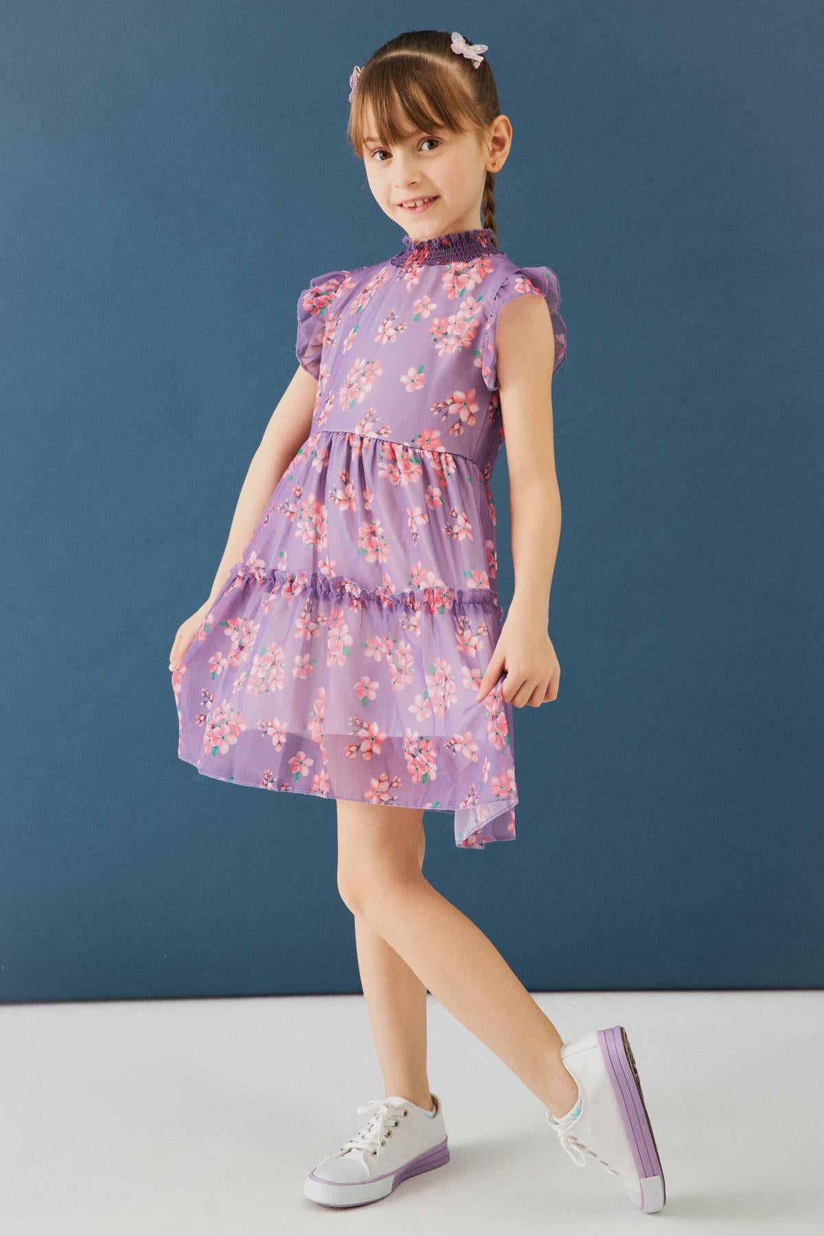 Çiçek Desenli Gipe Yakalı Şifon Kız Çocuk Elbise