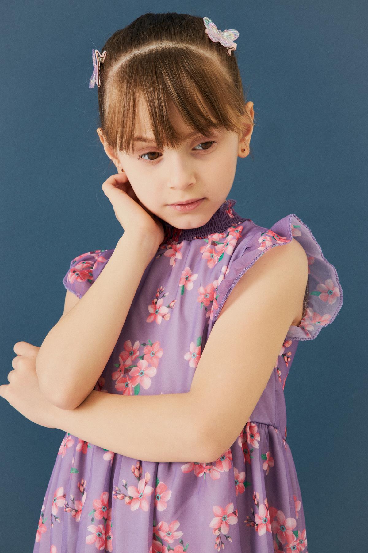 Çiçek Desenli Gipe Yakalı Şifon Kız Çocuk Elbise