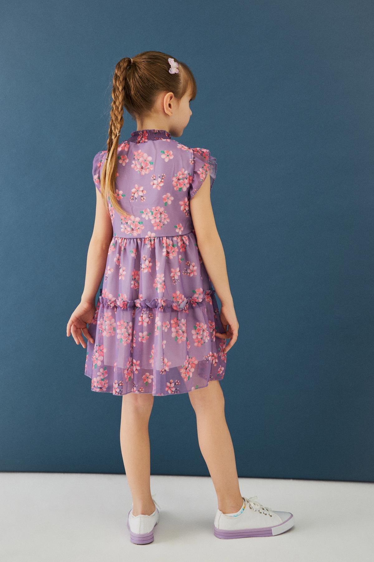 Çiçek Desenli Gipe Yakalı Şifon Kız Çocuk Elbise