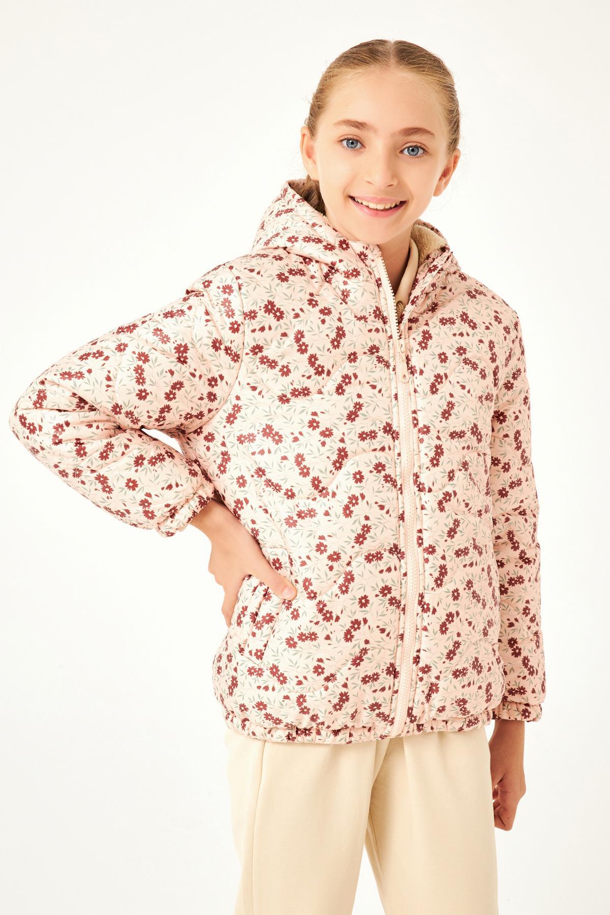 Çiçek Desenli Kız Çocuk Mont