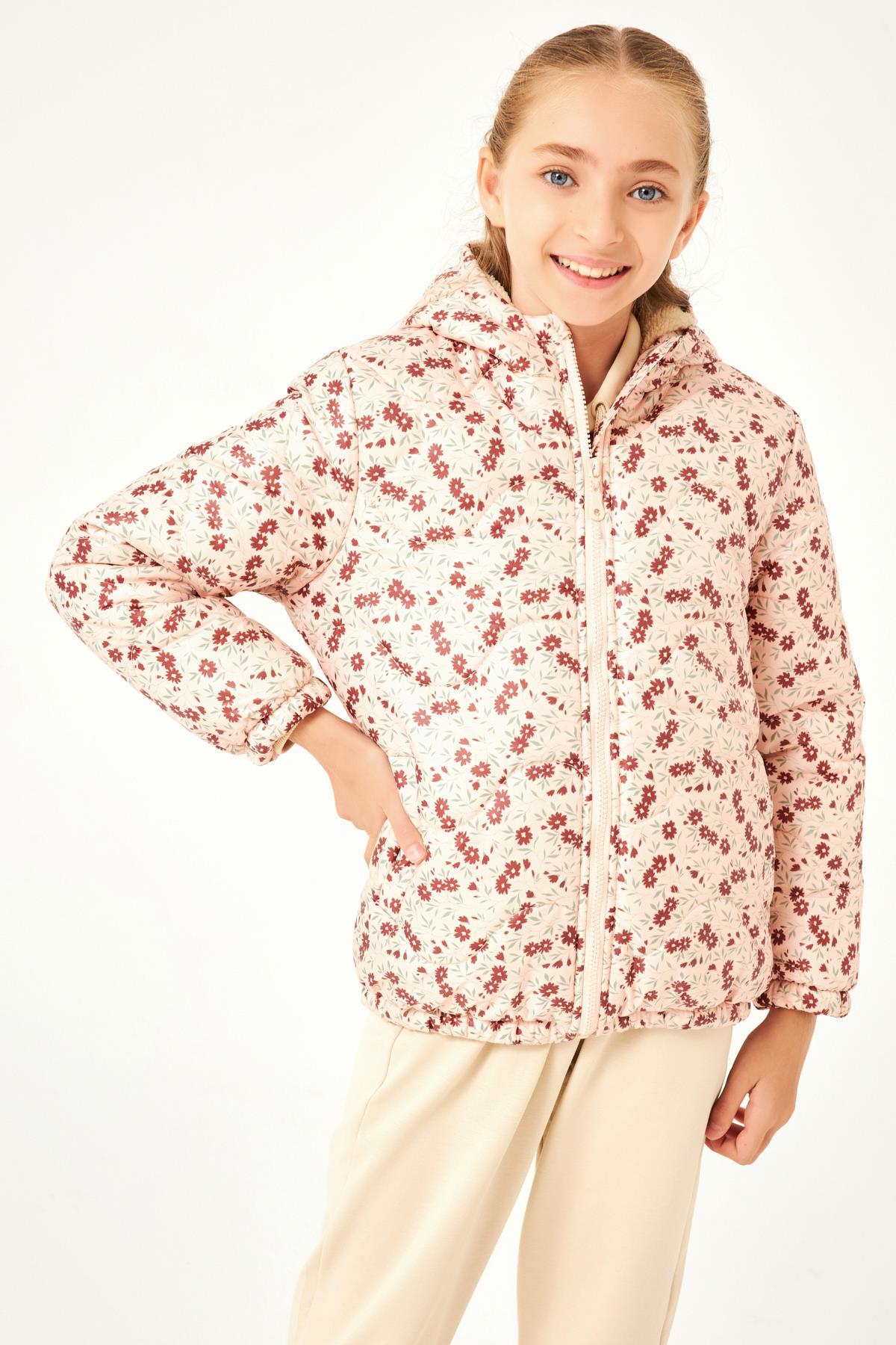 Çiçek Desenli Kız Çocuk Mont