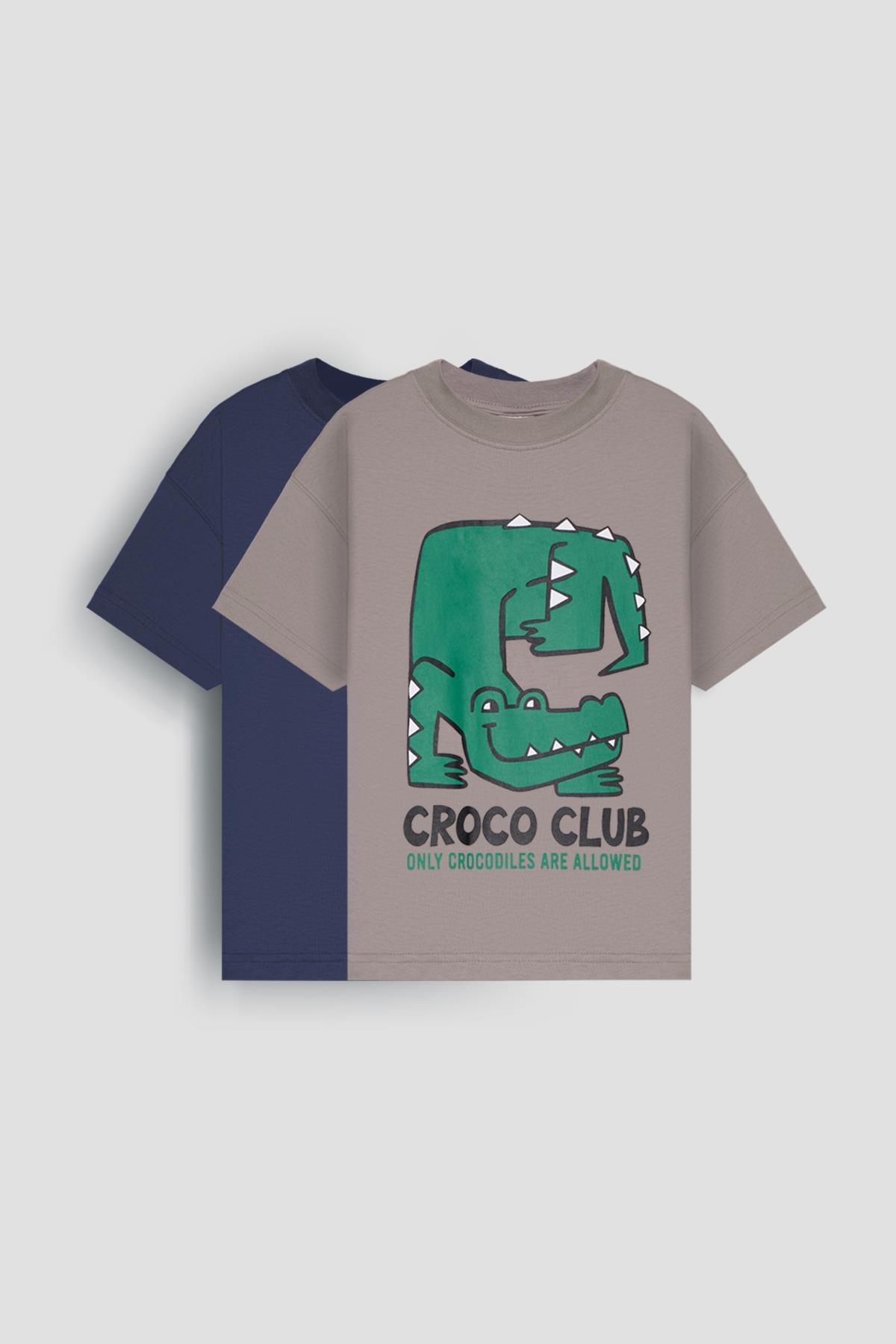 Croco Club Erkek Çocuk 2'li Oversize Tişört - Pamuklu Kumaş - Croco Baskılı Gri & İndigo Kombini - Perendi