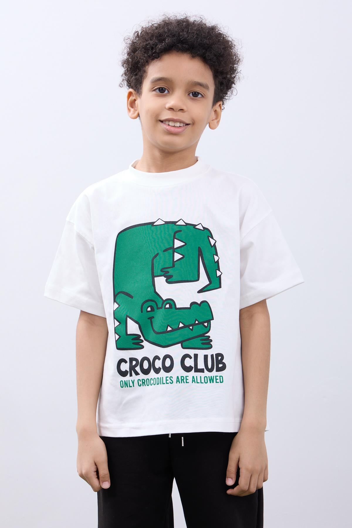 Croco Club Erkek Çocuk 2'li Oversize Tişört - Pamuklu Kumaş - Croco Baskılı Ekru & Siyah Kombini - Perendi