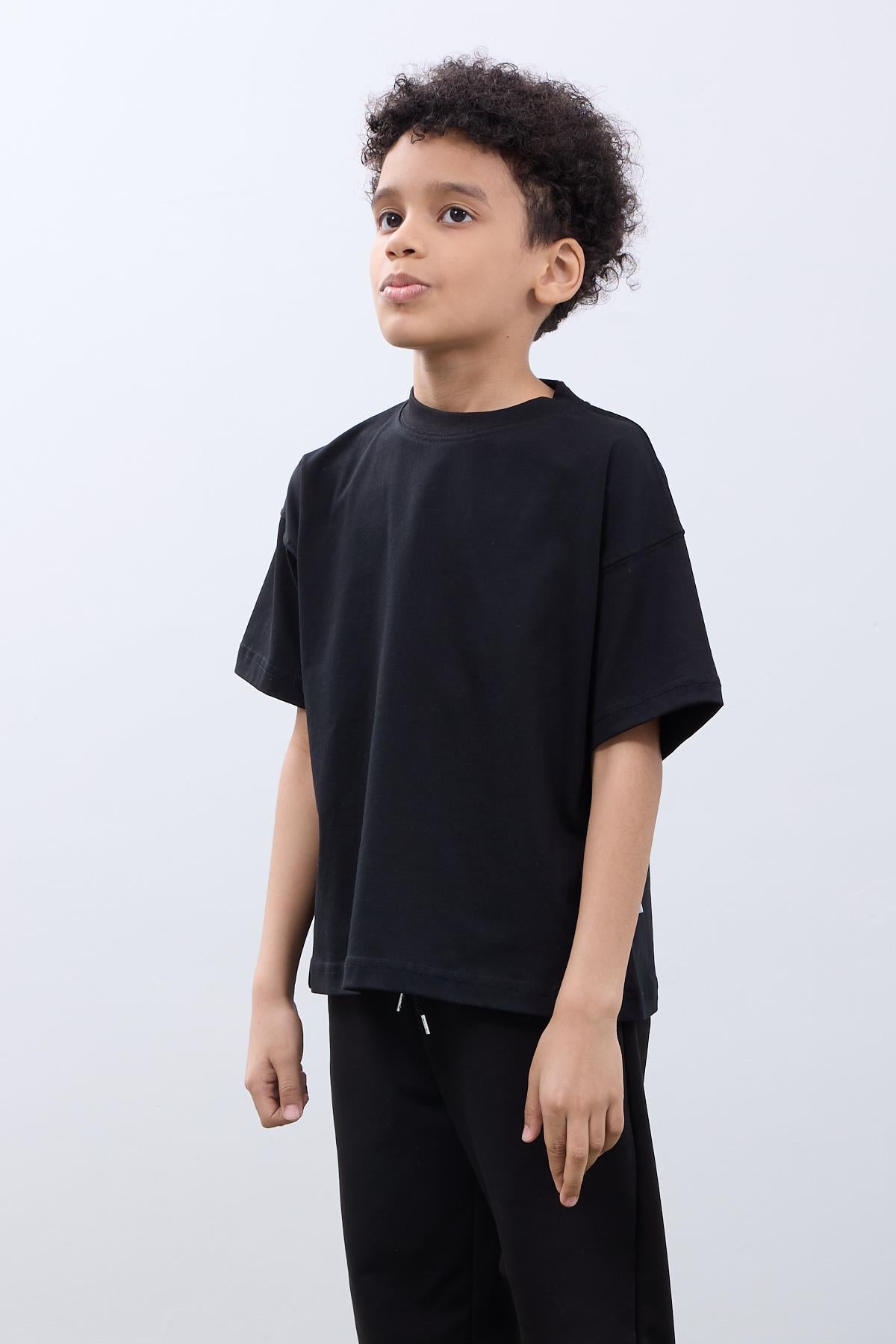 Croco Club Erkek Çocuk 2'li Oversize Tişört - Pamuklu Kumaş - Croco Baskılı Ekru & Siyah Kombini - Perendi