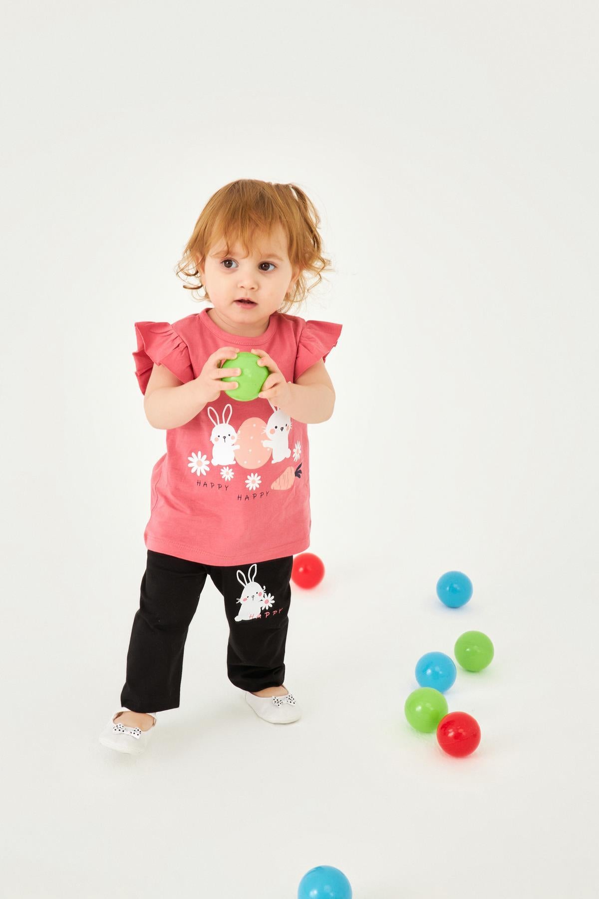 Eğlenceli Tavşan Baskılı Kız Çocuk Taytlı Takım