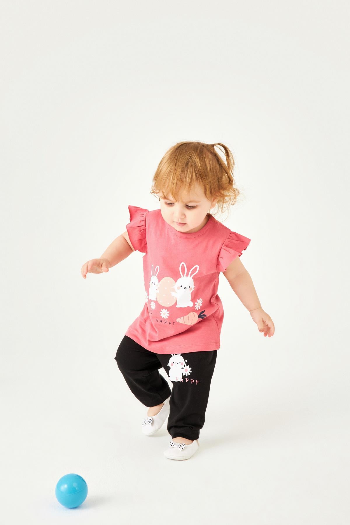 Eğlenceli Tavşan Baskılı Kız Çocuk Taytlı Takım