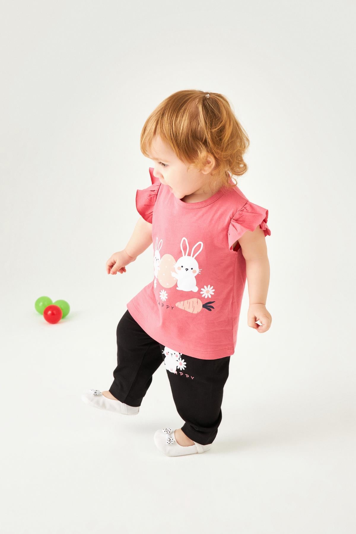 Eğlenceli Tavşan Baskılı Kız Çocuk Taytlı Takım