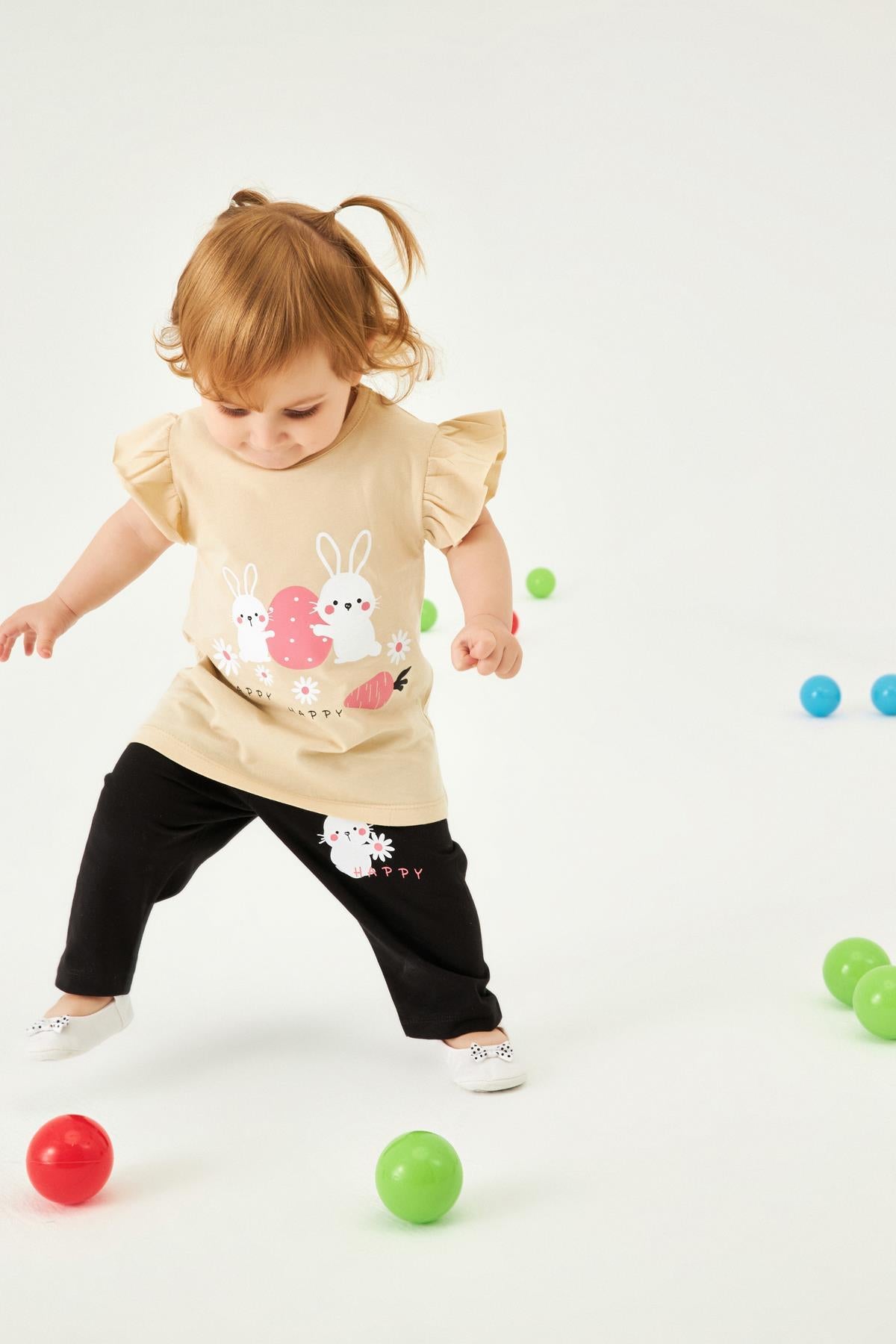 Eğlenceli Tavşan Baskılı Kız Çocuk Taytlı Takım